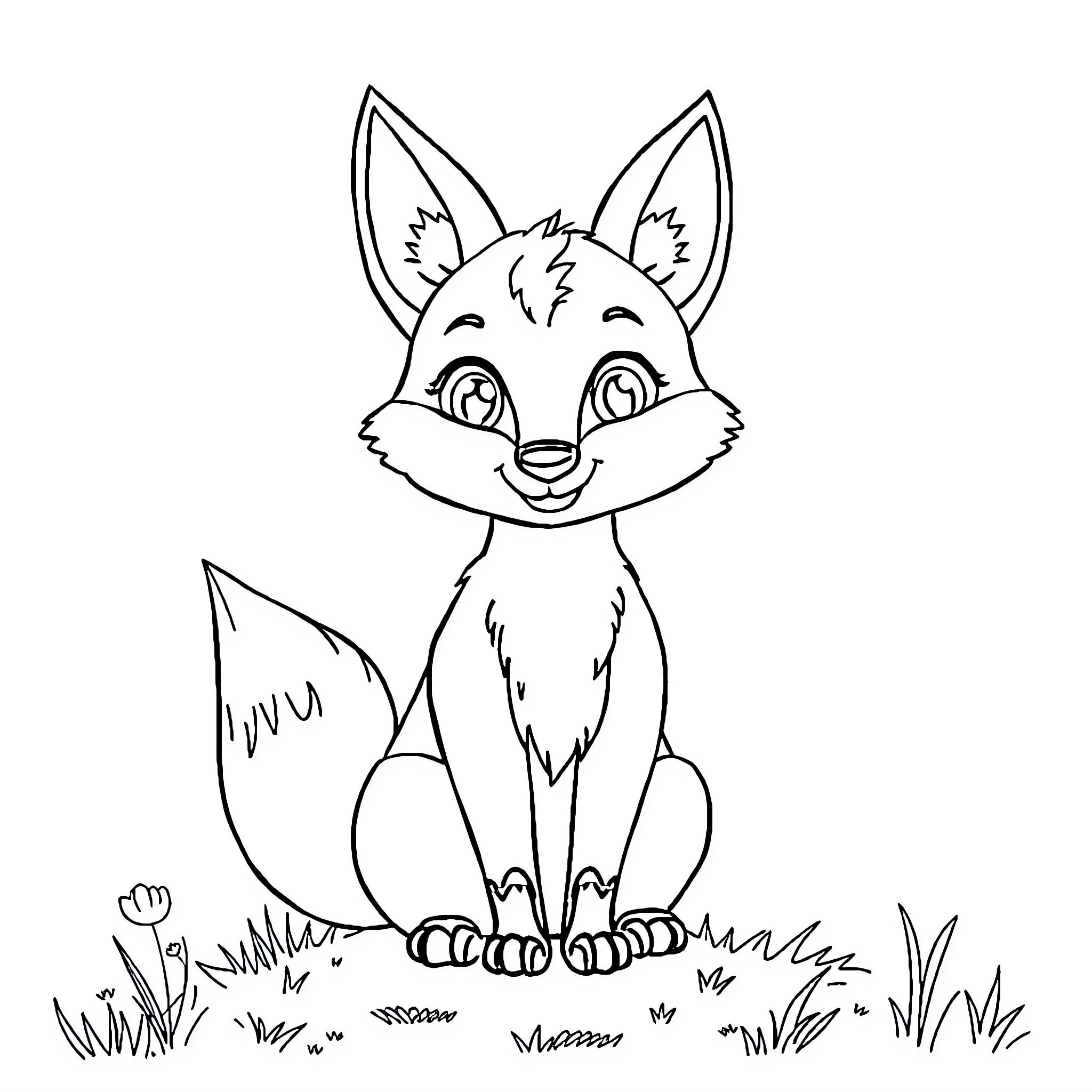 Fox sitting happily in the grass Coloring Page (free black-and-white line drawing printable PDF for all, from beginners to advanced learners, including children, teens, adults, and seniors)