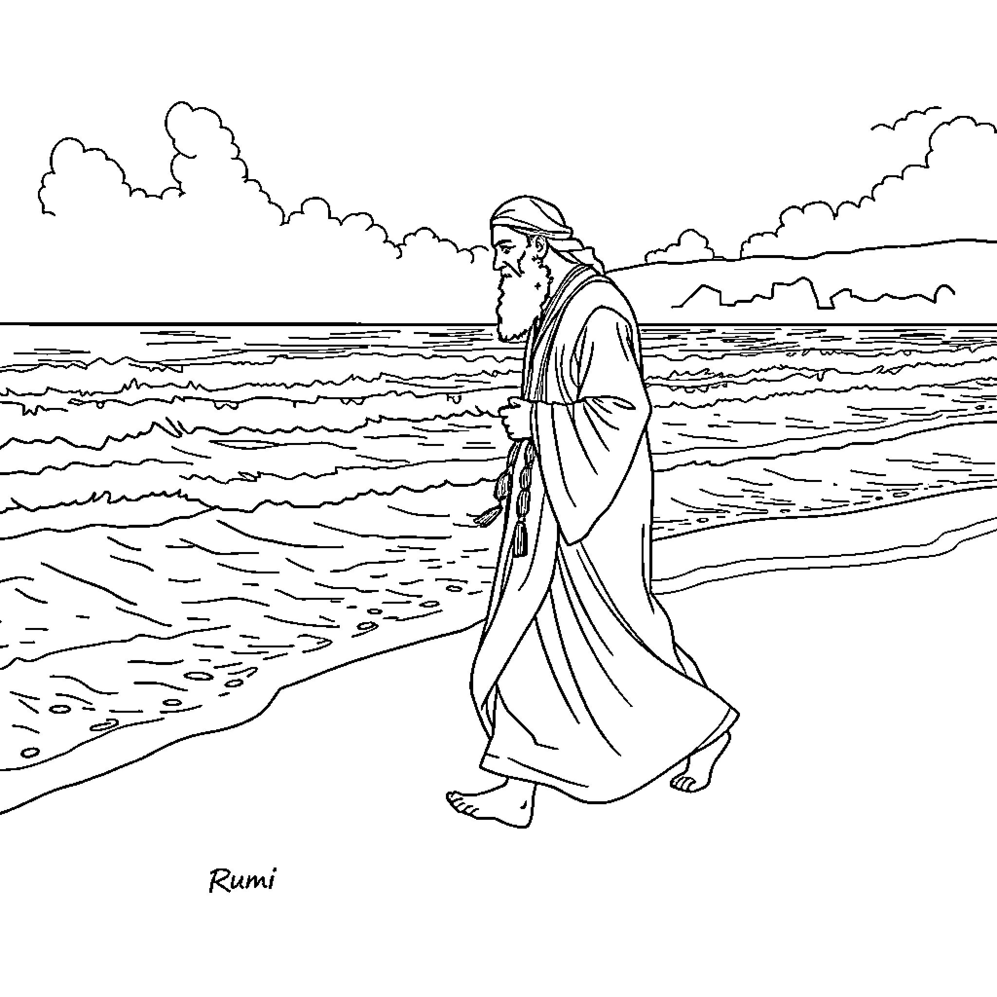Rumi walking along the tranquil beach Coloring Page (free black-and-white line drawing printable PDF for all, from beginners to advanced learners, including children, teens, adults, and seniors)