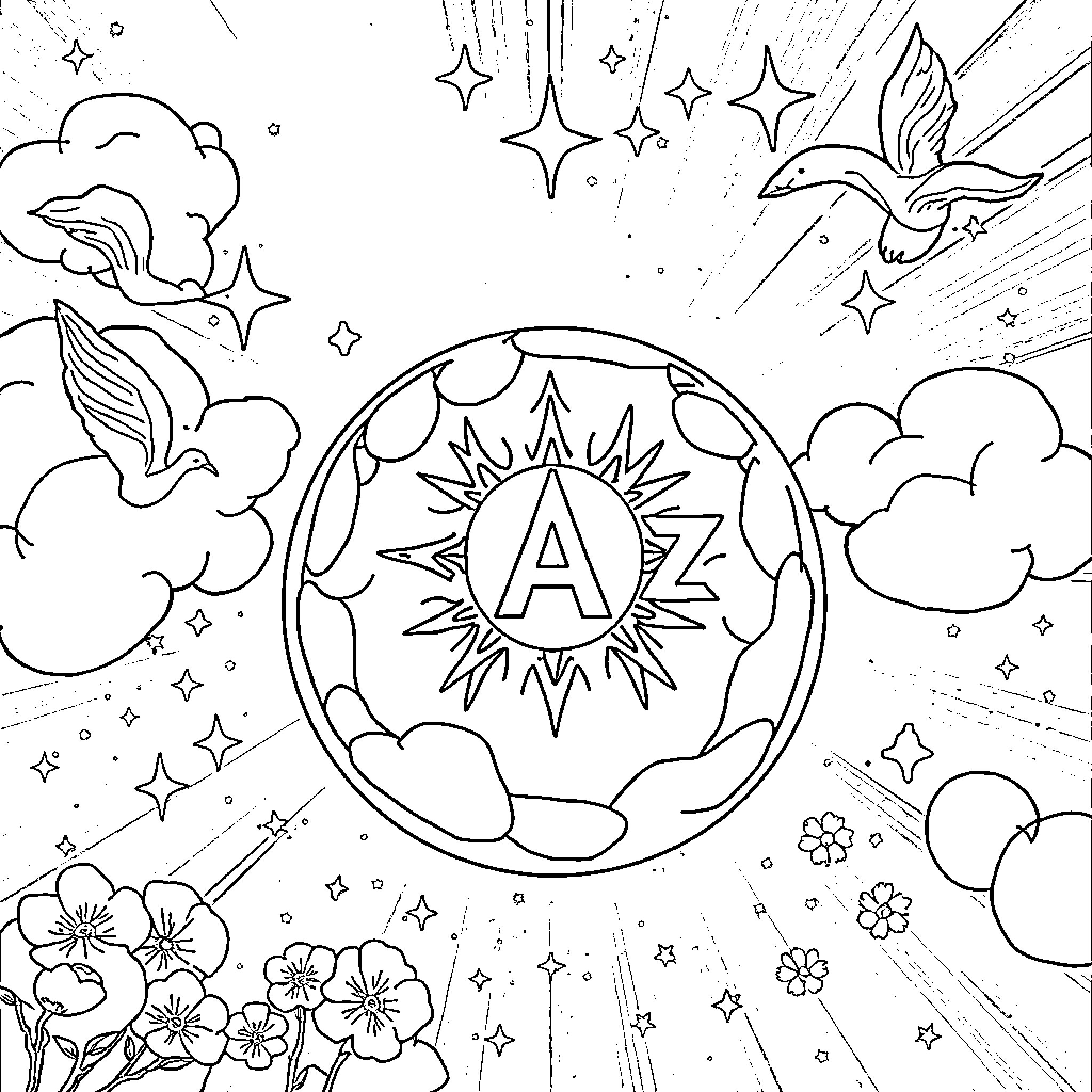 Símbolo de la Paz con aves y flores en el cielo Coloring Page (free black-and-white line drawing printable PDF for all, from beginners to advanced learners, including children, teens, adults, and seniors)
