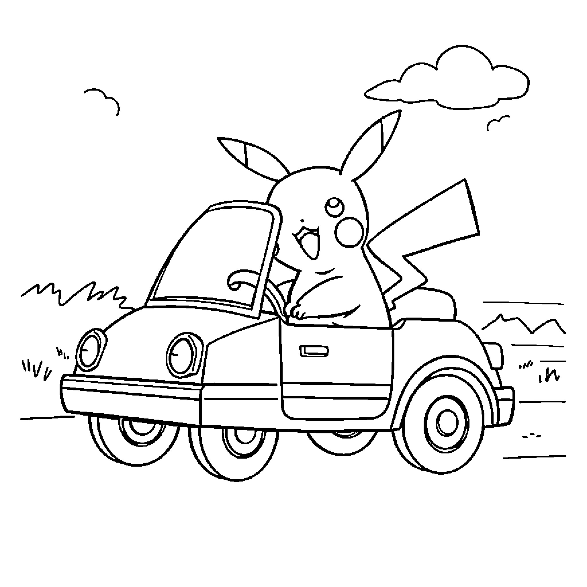 Pikachu driving a car on a scenic road Coloring Page (free black-and-white line drawing printable PDF for all, from beginners to advanced learners, including children, teens, adults, and seniors)