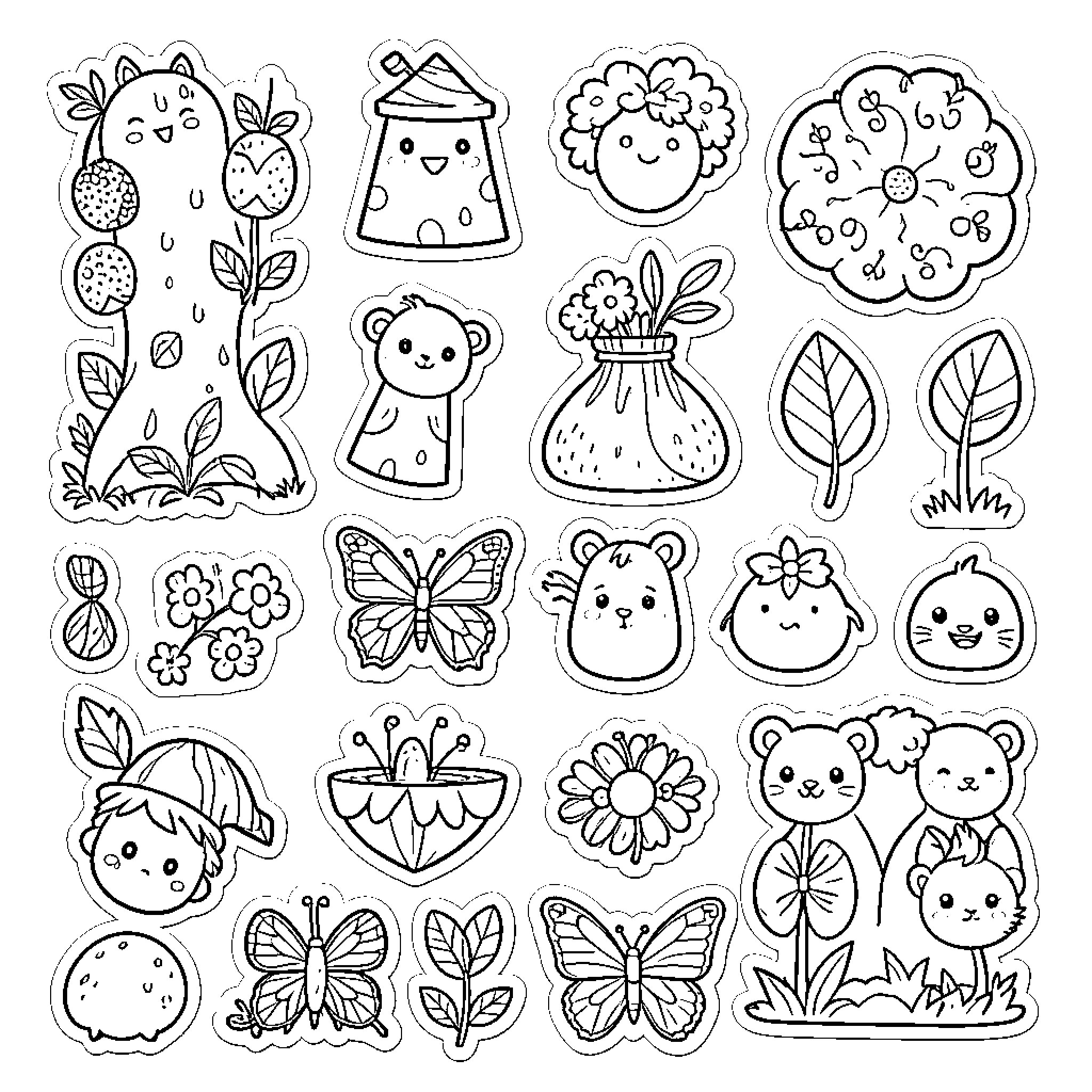 Sticker Collection of Adorable Nature and Animal Doodles Coloring Page (free black-and-white line drawing printable PDF for all, from beginners to advanced learners, including children, teens, adults, and seniors)