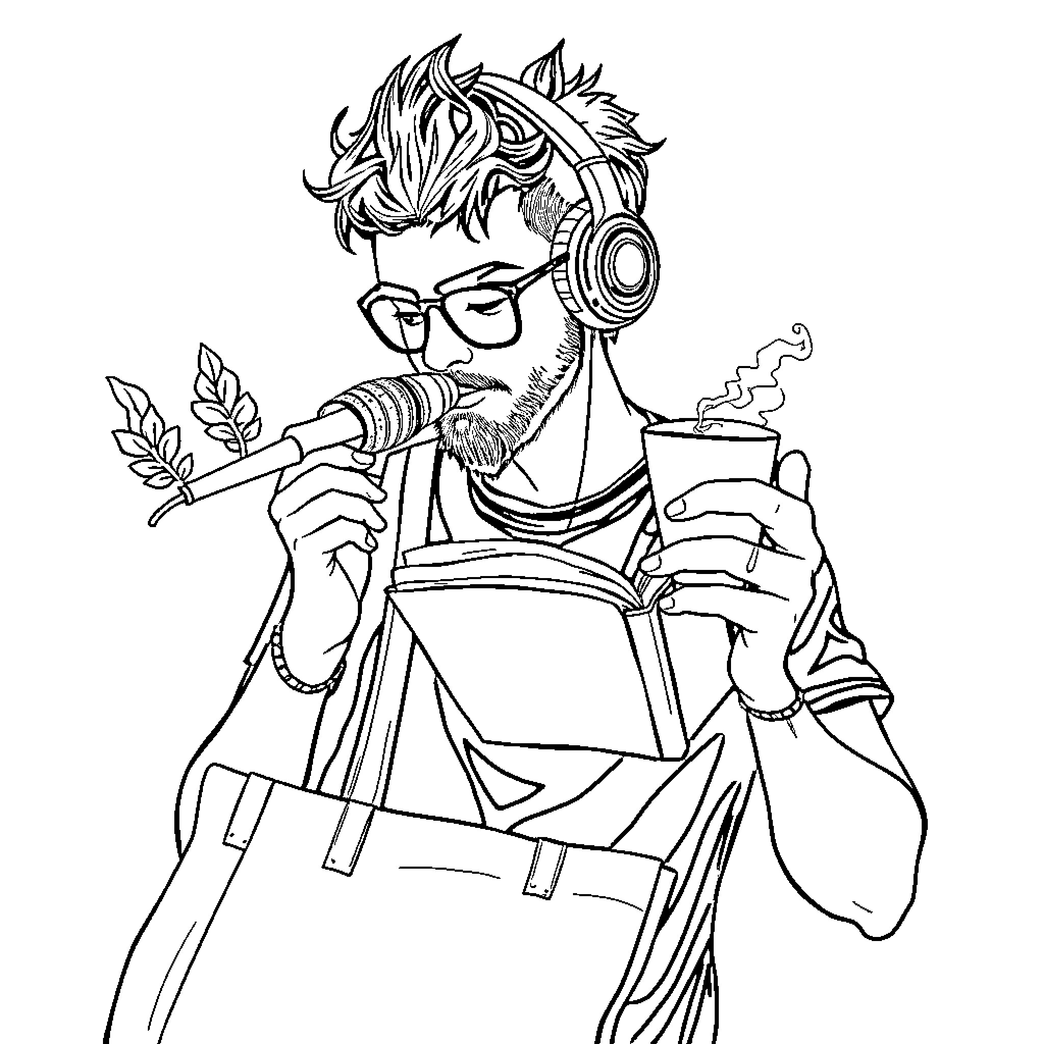 Male artist recording song with headphones Coloring Page (free black-and-white line drawing printable PDF for all, from beginners to advanced learners, including children, teens, adults, and seniors)