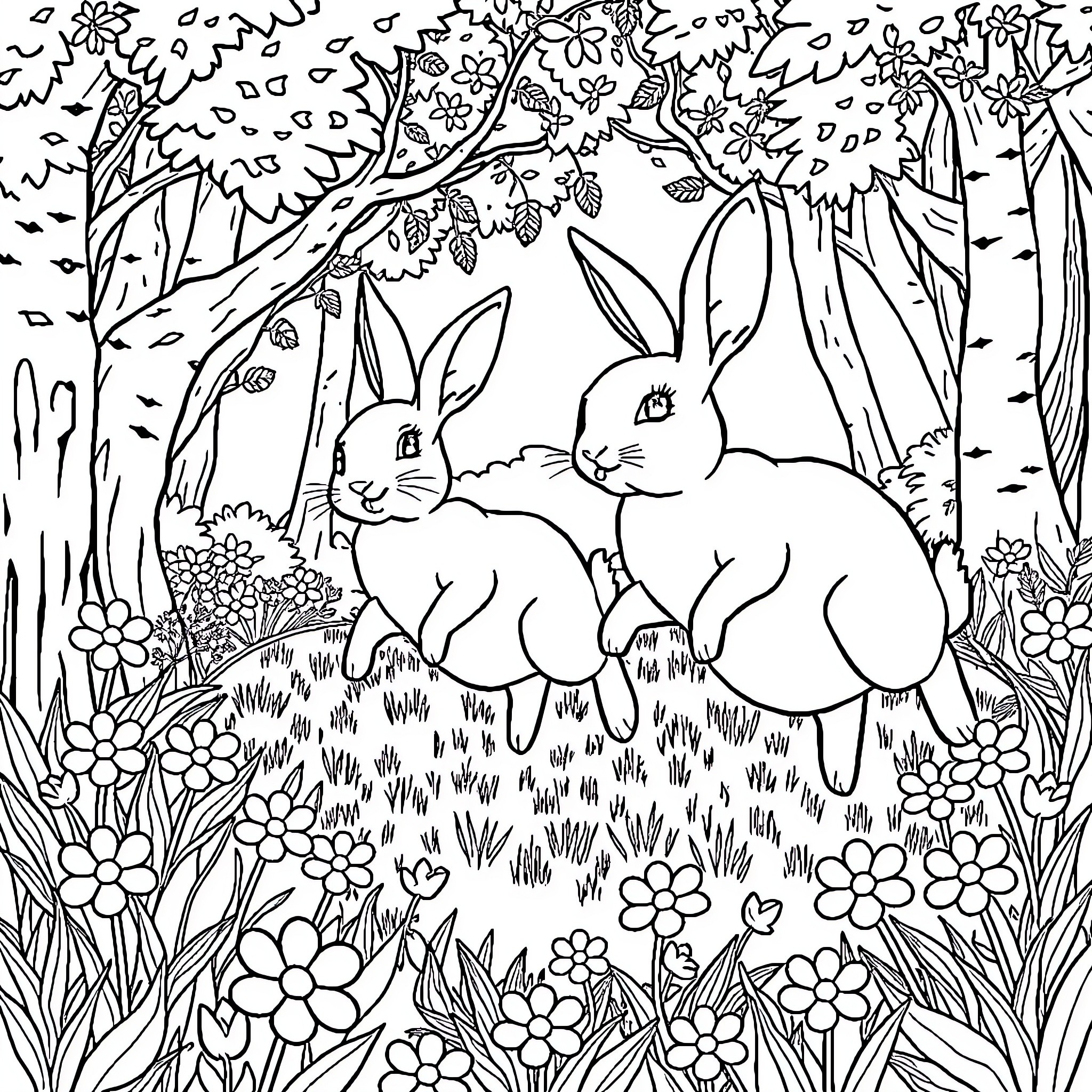 Rabbit friends frolicking in the enchanted forest Coloring Page (free black-and-white line drawing printable PDF for all, from beginners to advanced learners, including children, teens, adults, and seniors)