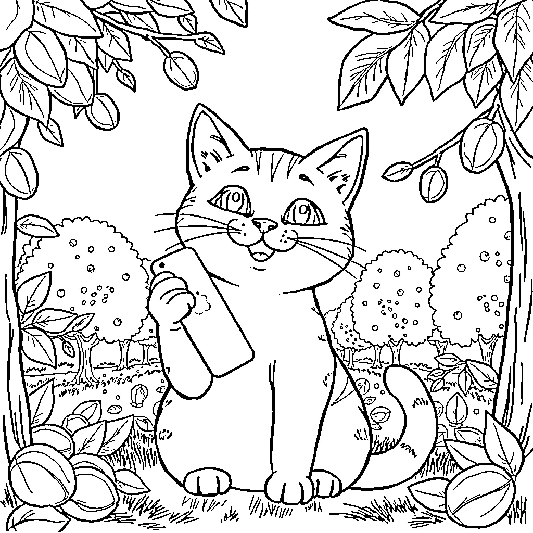 Cat exploring in natural setting Coloring Page (free black-and-white line drawing printable PDF for all, from beginners to advanced learners, including children, teens, adults, and seniors)