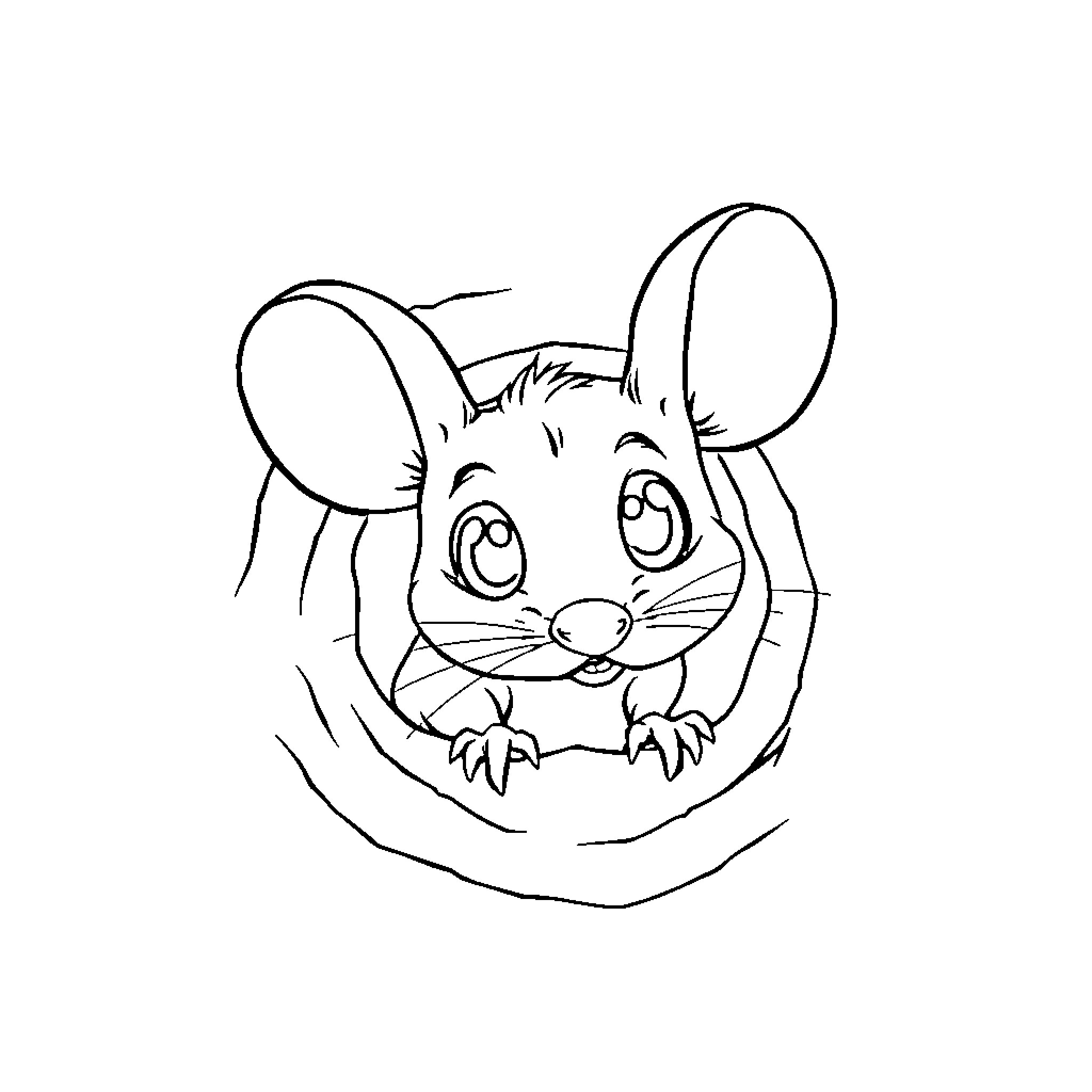 Mouse peeking out from a cozy hideaway Coloring Page (free black-and-white line drawing printable PDF for all, from beginners to advanced learners, including children, teens, adults, and seniors)