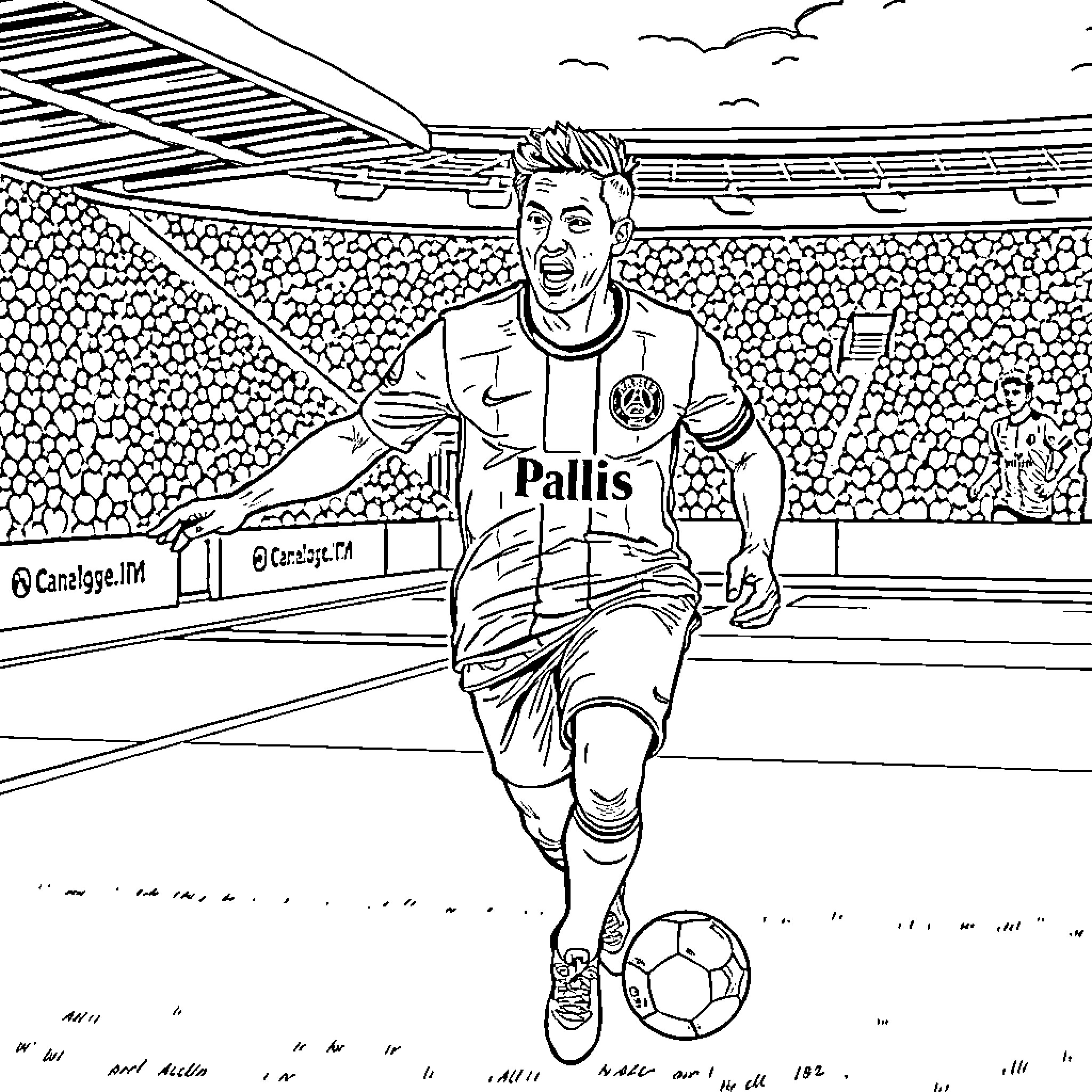 Hakimi playing soccer on the field Coloring Page (free black-and-white line drawing printable PDF for all, from beginners to advanced learners, including children, teens, adults, and seniors)