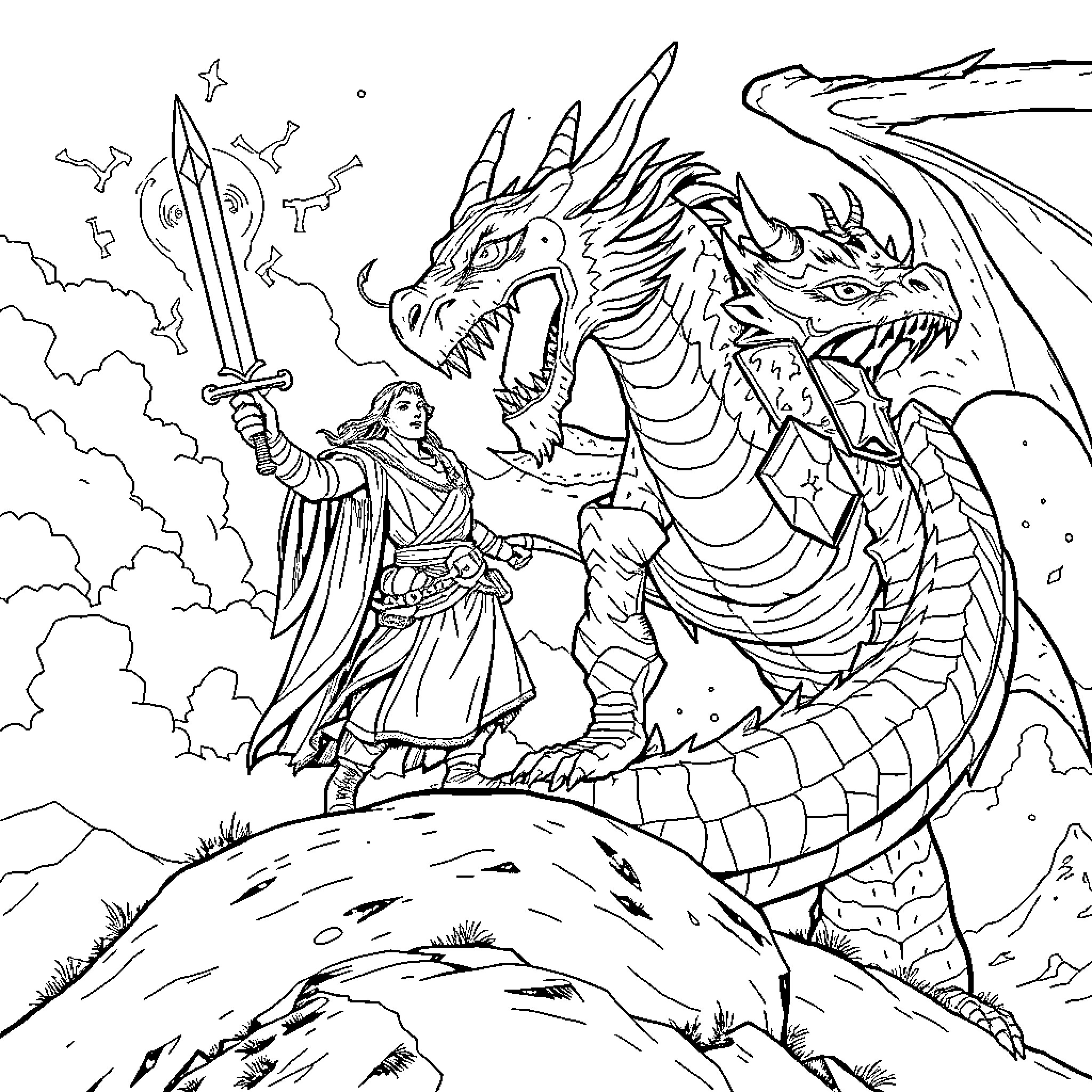 Bard Battling the Fearsome Dragon Coloring Page (free black-and-white line drawing printable PDF for all, from beginners to advanced learners, including children, teens, adults, and seniors)