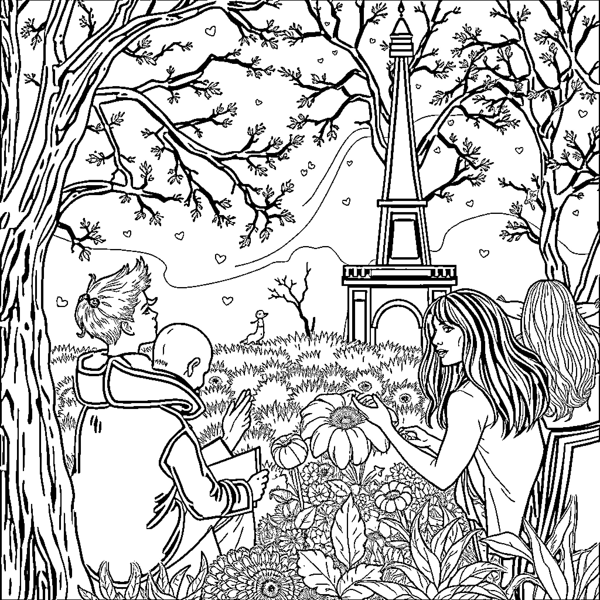 Stagiaire: Scenic stroll through Parisian gardens Coloring Page (free black-and-white line drawing printable PDF for all, from beginners to advanced learners, including children, teens, adults, and seniors)