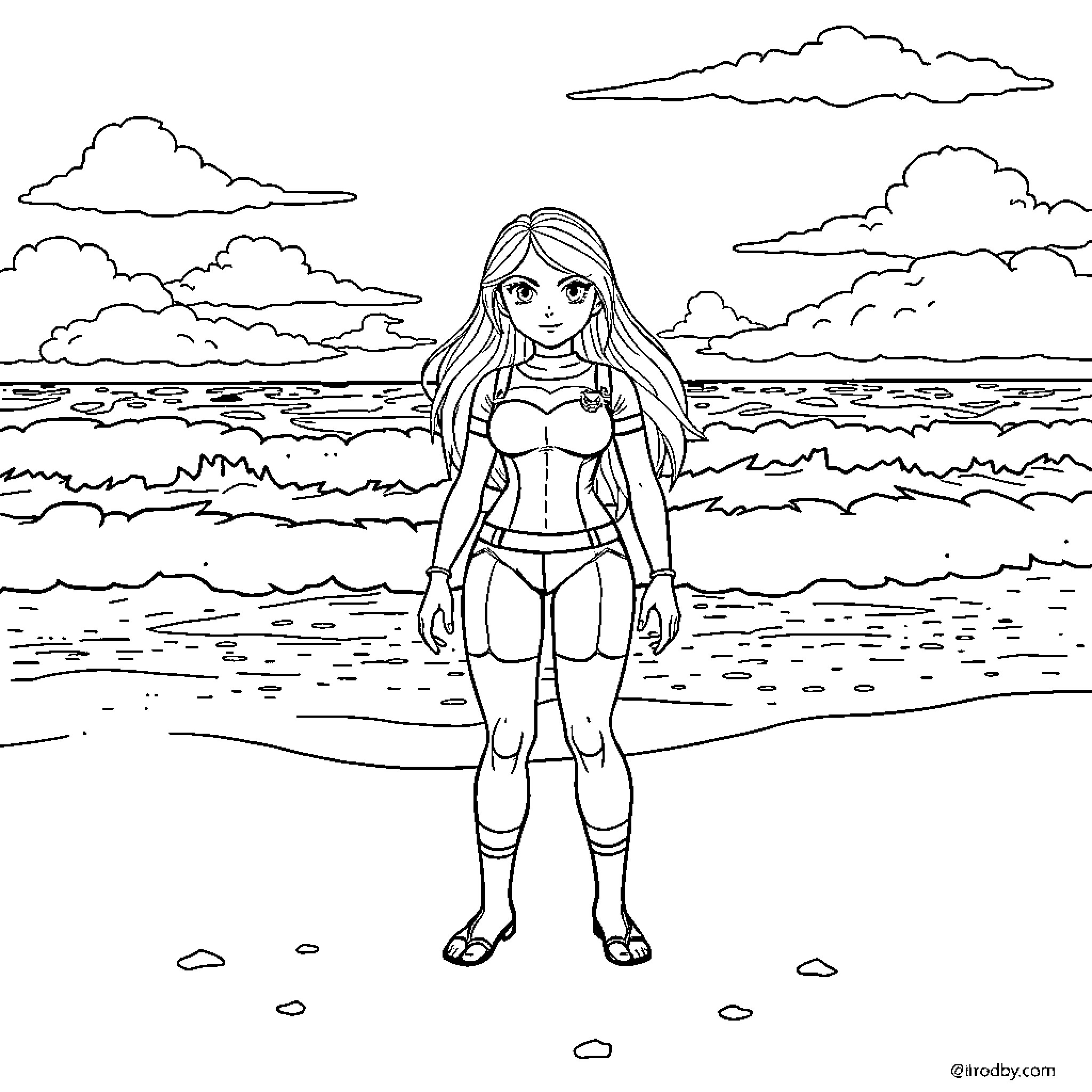Android 18 enjoying the beach scenery Coloring Page (free black-and-white line drawing printable PDF for all, from beginners to advanced learners, including children, teens, adults, and seniors)