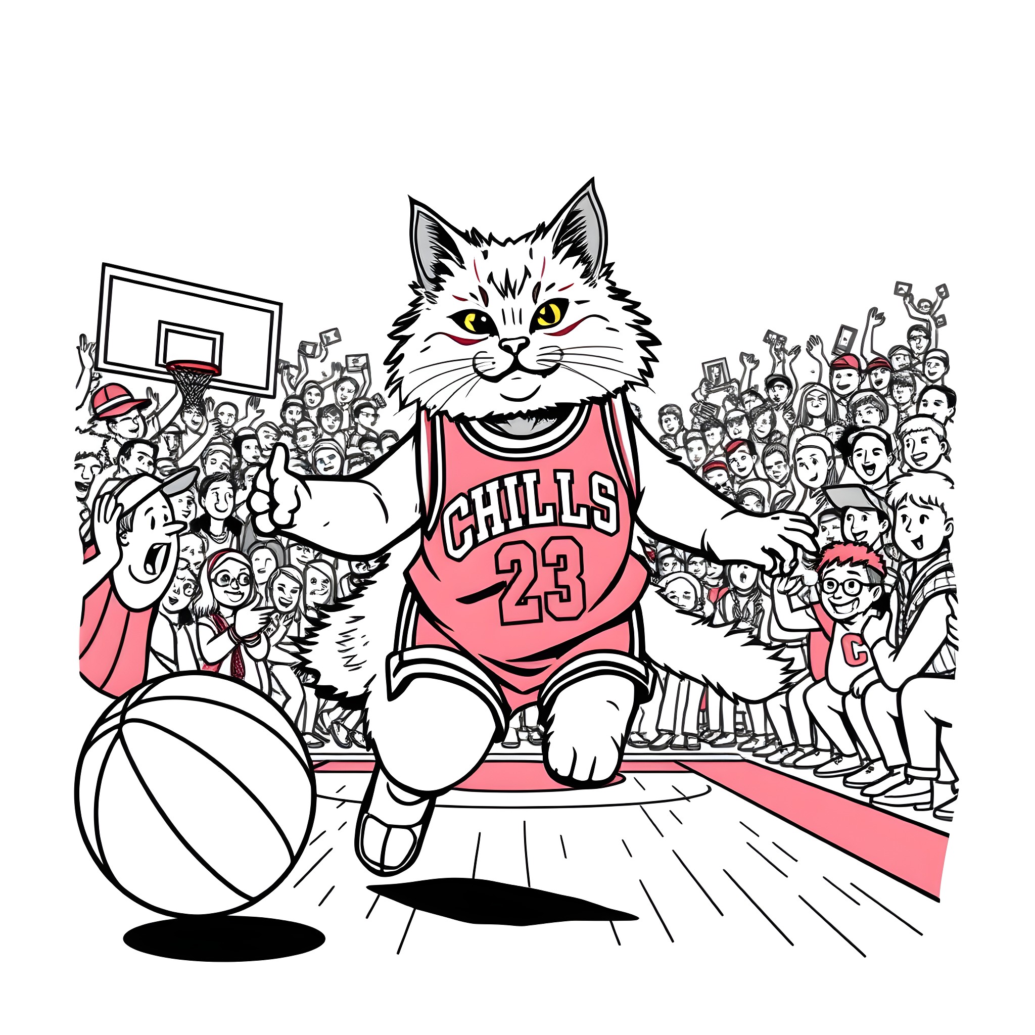 Cat basketball player performing on court Coloring Page (free black-and-white line drawing printable PDF for all, from beginners to advanced learners, including children, teens, adults, and seniors)