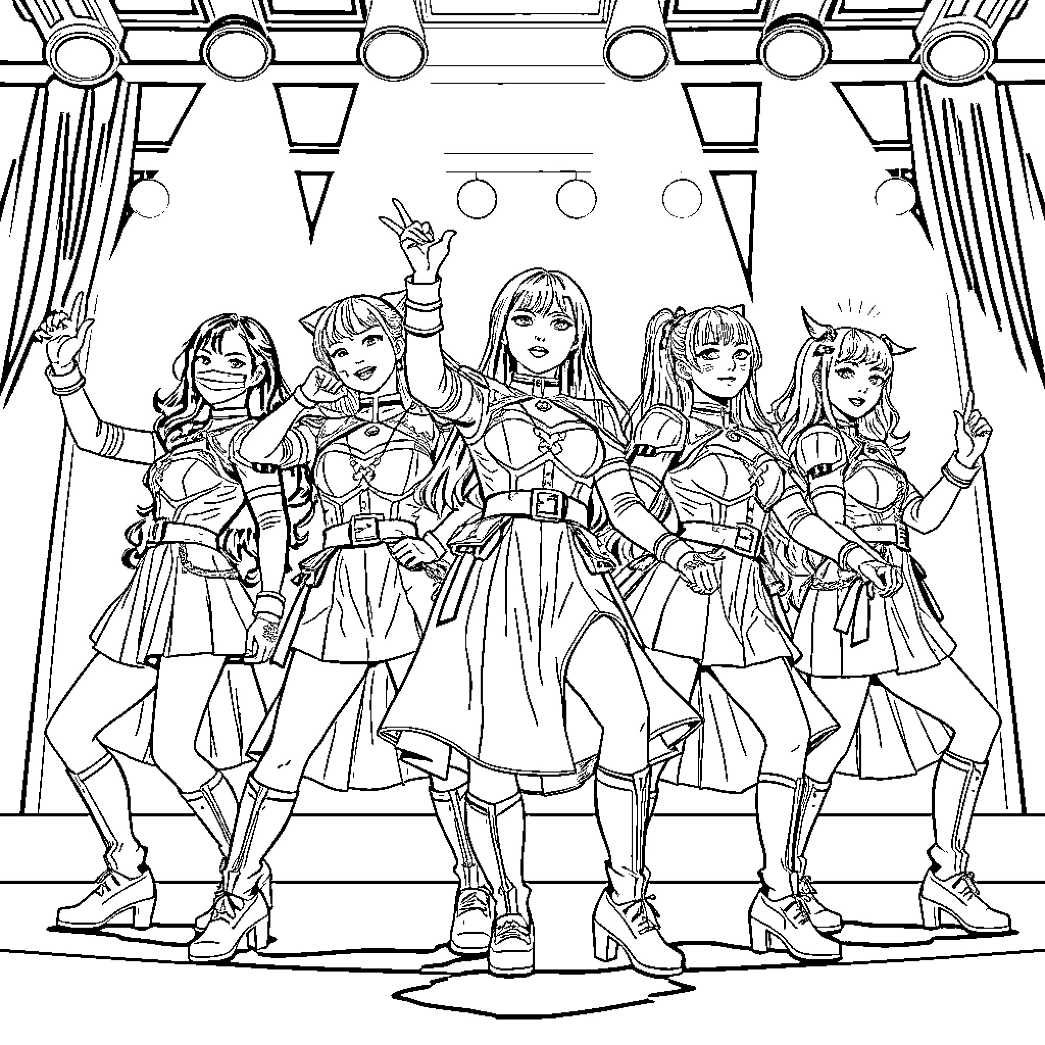 K Pop Warrior Heroines in Action-Packed Pose Coloring Page (free black-and-white line drawing printable PDF for all, from beginners to advanced learners, including children, teens, adults, and seniors)