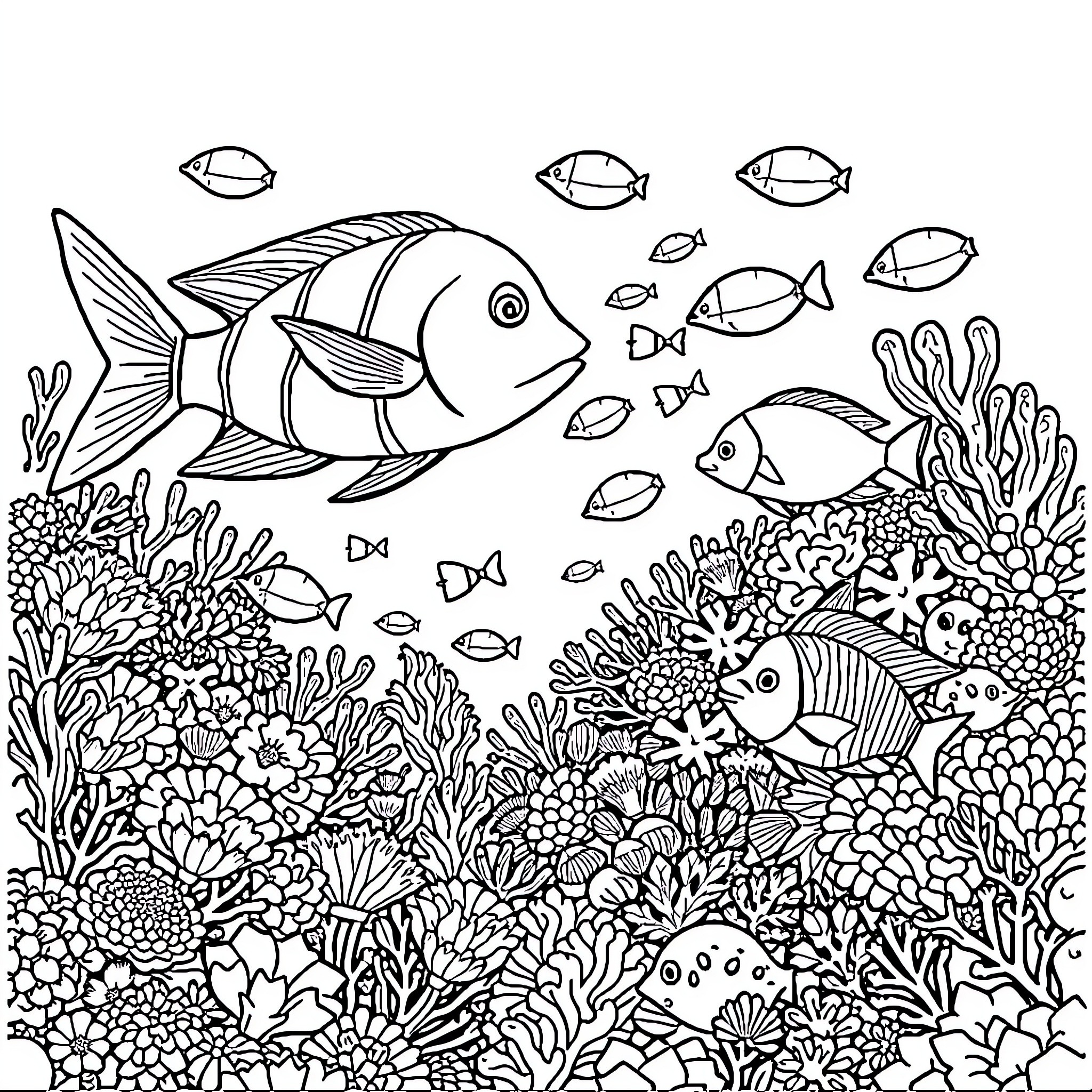 Ocean Life: Vibrant Marine Ecosystem Teeming with Diverse Creatures Coloring Page (free black-and-white line drawing printable PDF for all, from beginners to advanced learners, including children, teens, adults, and seniors)