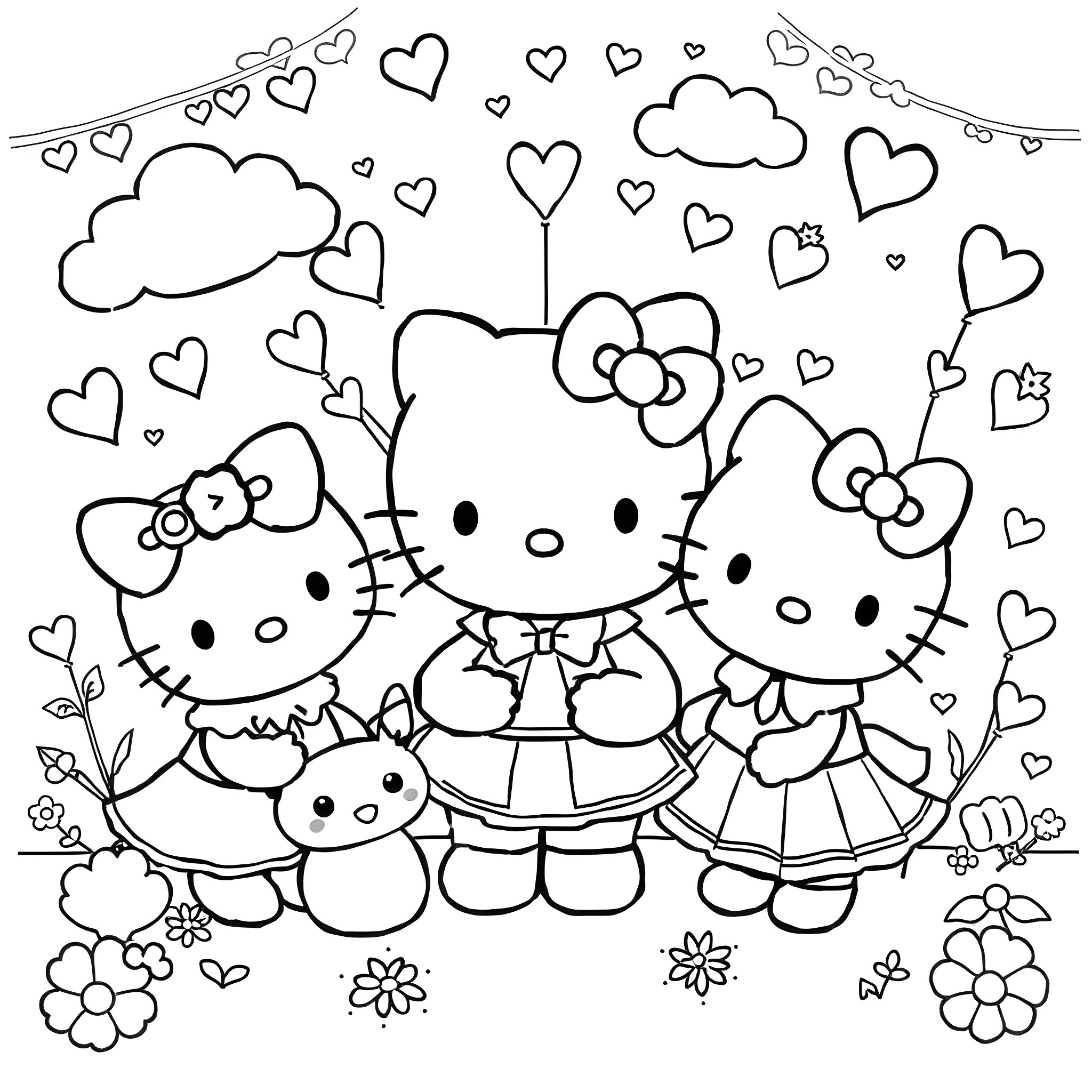 Hello Kitty and friends enjoying a cheerful gathering Coloring Page (free black-and-white line drawing printable PDF for all, from beginners to advanced learners, including children, teens, adults, and seniors)