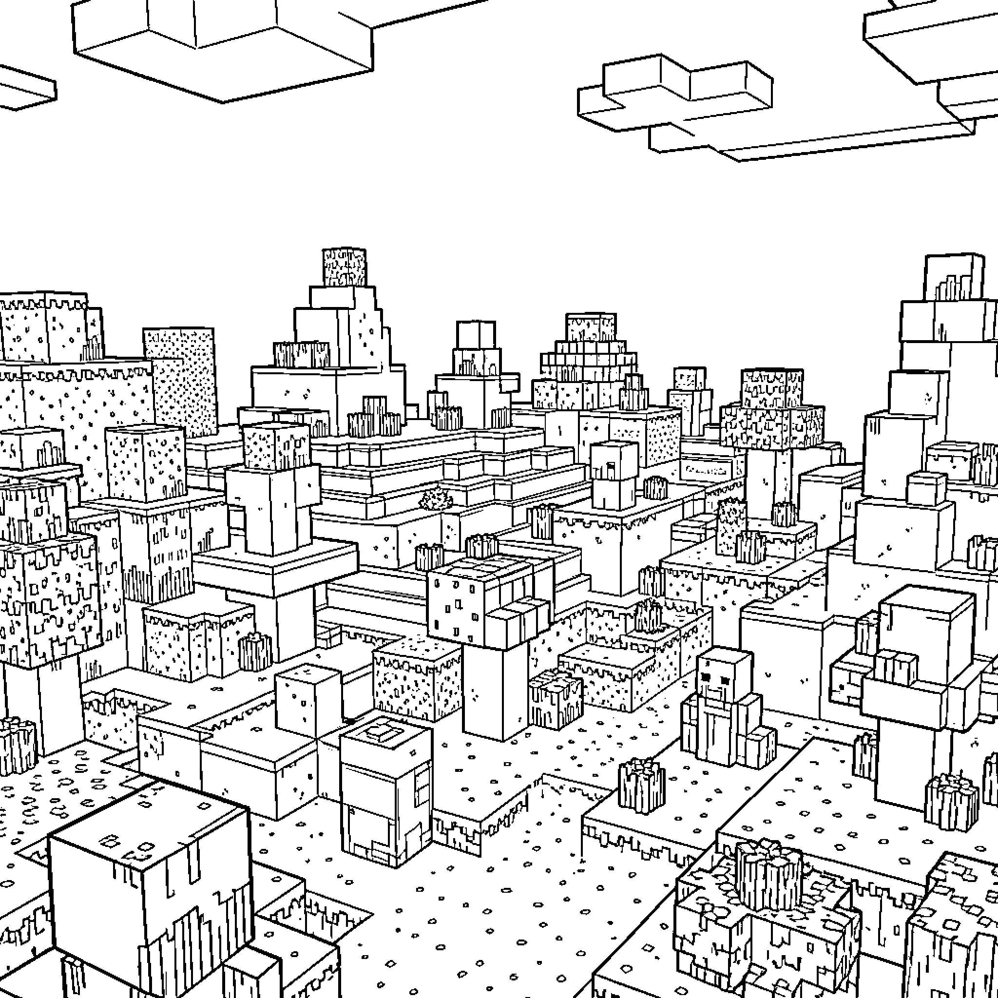 Minecraft landscape featuring blocky mountains and structures Coloring Page (free black-and-white line drawing printable PDF for all, from beginners to advanced learners, including children, teens, adults, and seniors)
