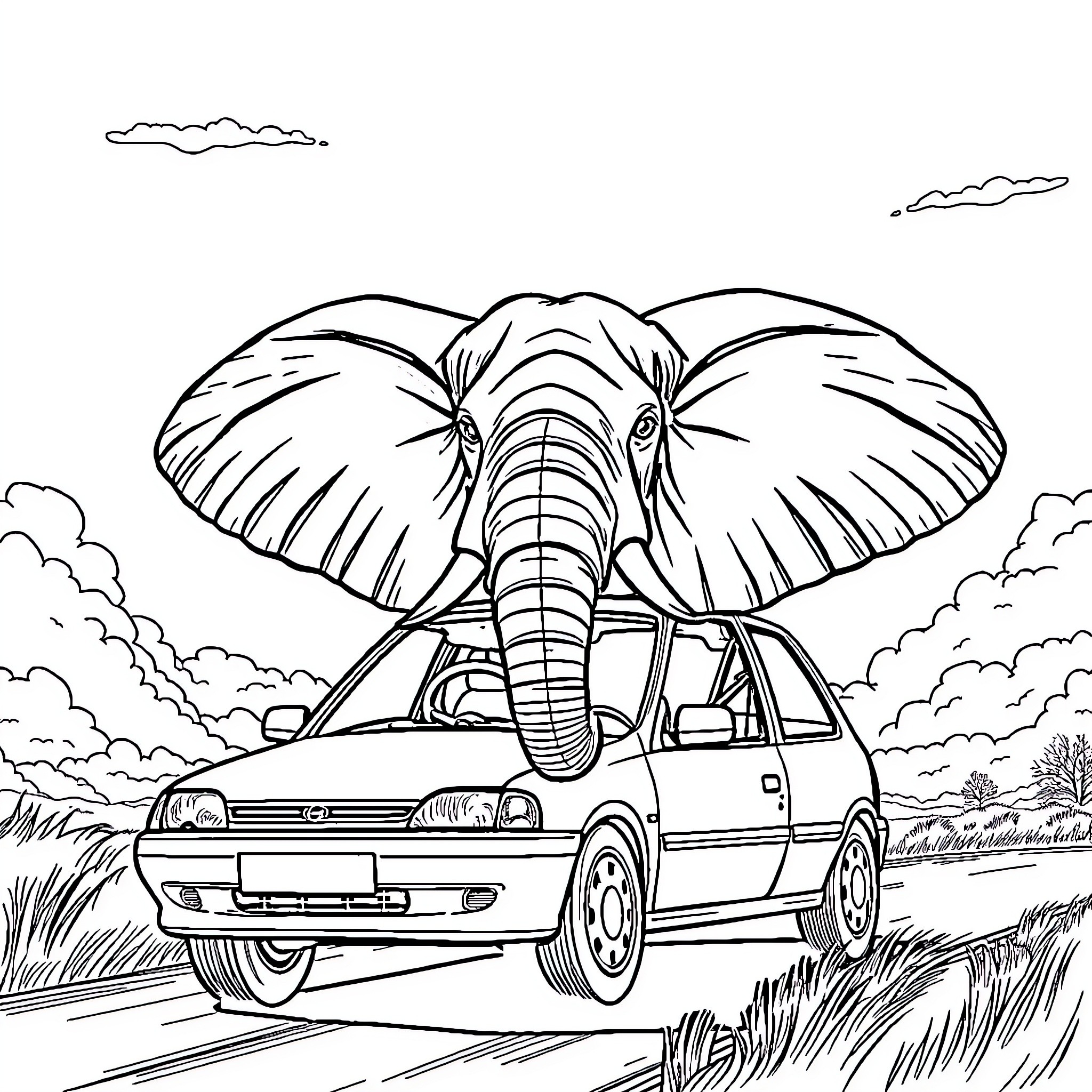 Elephant Riding a Car Through the Countryside Coloring Page (free black-and-white line drawing printable PDF for all, from beginners to advanced learners, including children, teens, adults, and seniors)