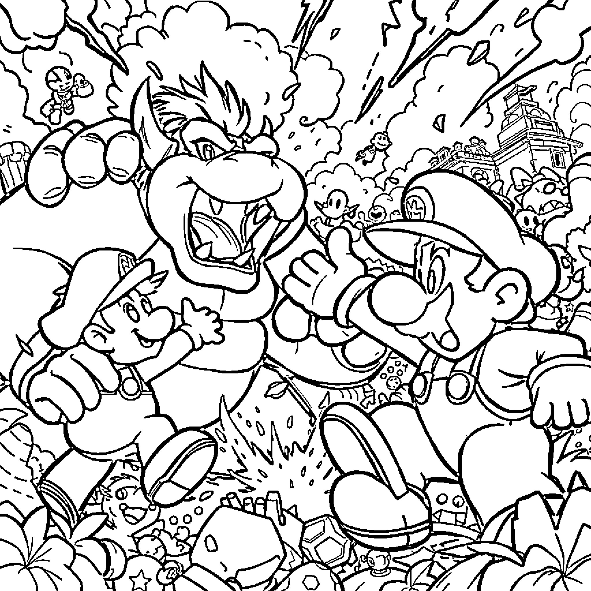 Mario's Chaotic Adventure in the Mushroom Kingdom Coloring Page (free black-and-white line drawing printable PDF for all, from beginners to advanced learners, including children, teens, adults, and seniors)
