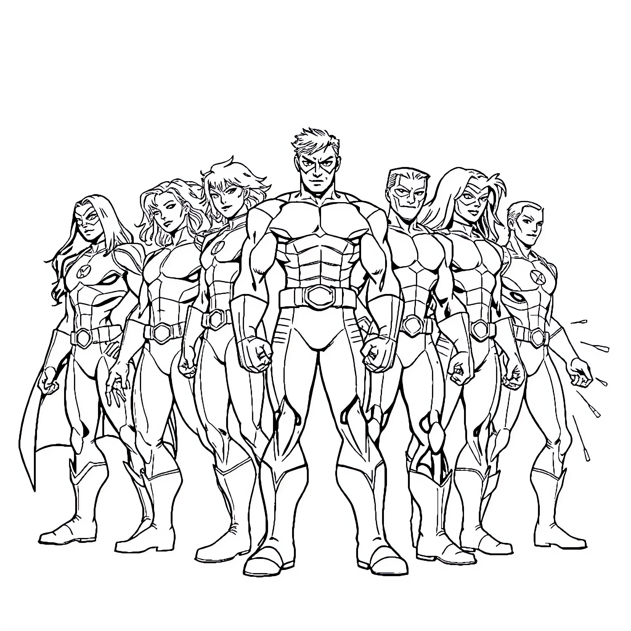 X-Men Superheroes Assembled in Action Poses Coloring Page (free black-and-white line drawing printable PDF for all, from beginners to advanced learners, including children, teens, adults, and seniors)