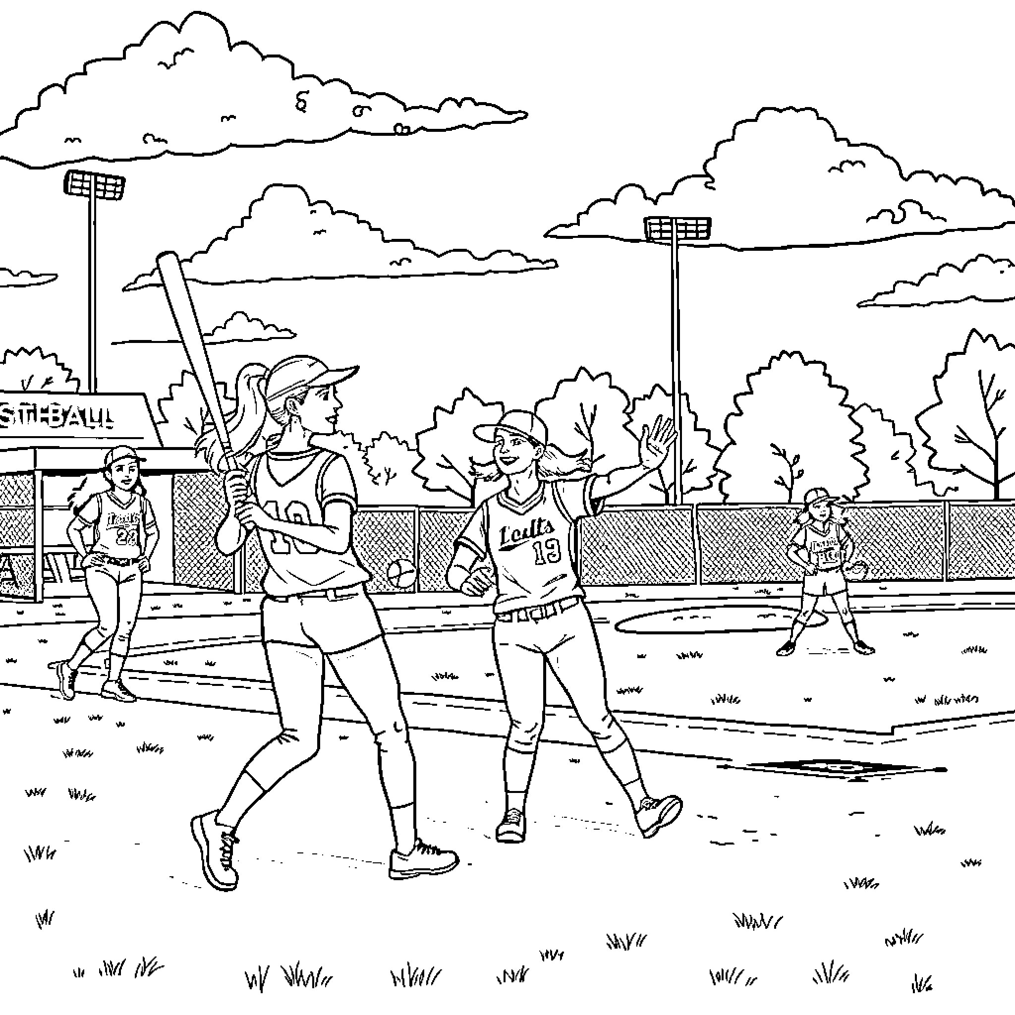 Softball players competing on the field Coloring Page (free black-and-white line drawing printable PDF for all, from beginners to advanced learners, including children, teens, adults, and seniors)