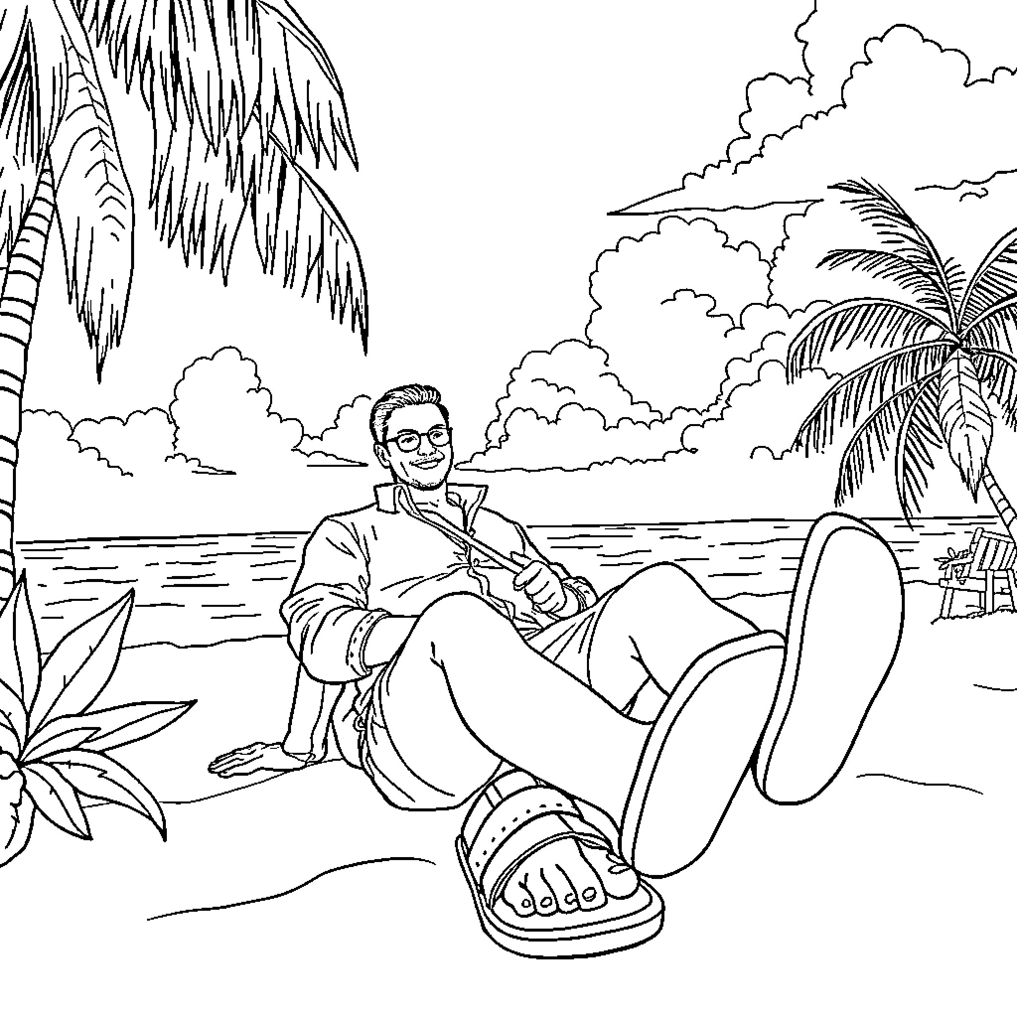 Michael relaxing on the tropical beach Coloring Page (free black-and-white line drawing printable PDF for all, from beginners to advanced learners, including children, teens, adults, and seniors)