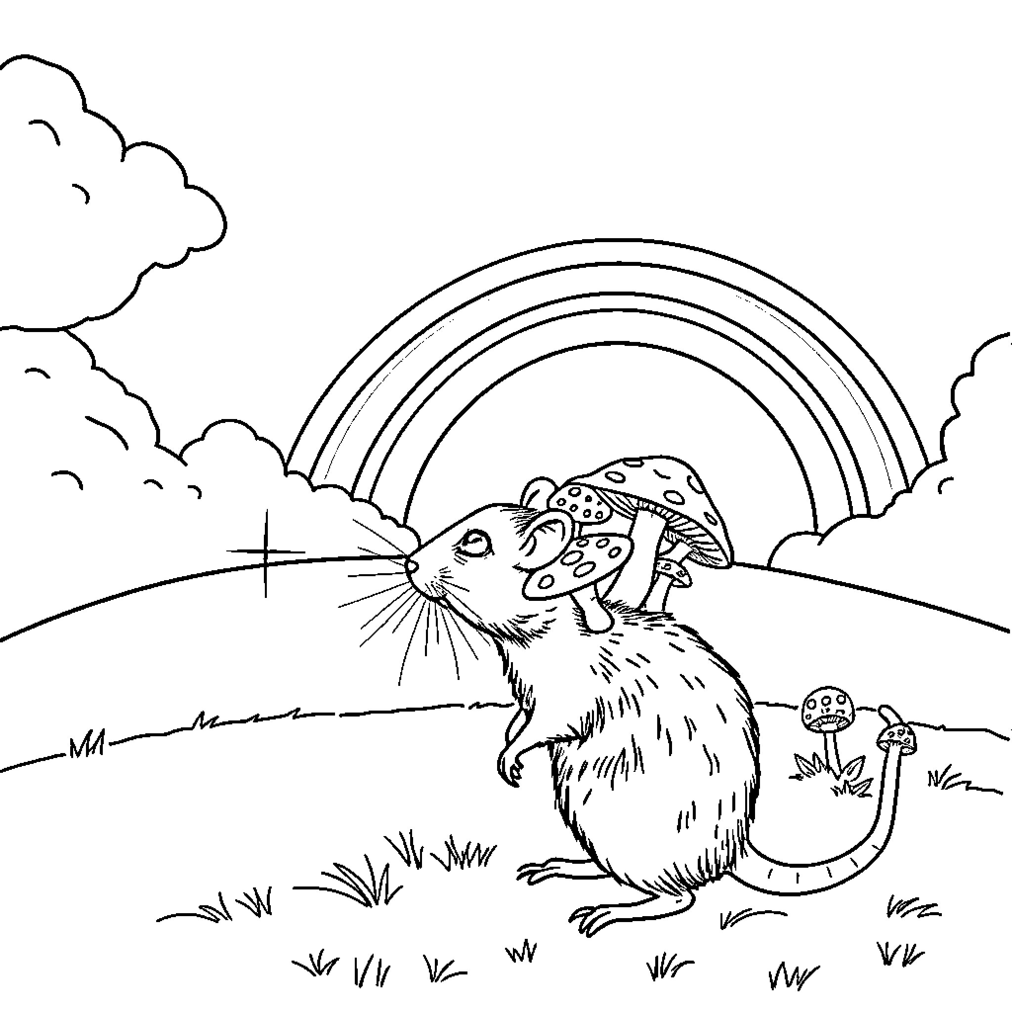 Rat exploring mushroom-filled landscape with rainbow Coloring Page (free black-and-white line drawing printable PDF for all, from beginners to advanced learners, including children, teens, adults, and seniors)