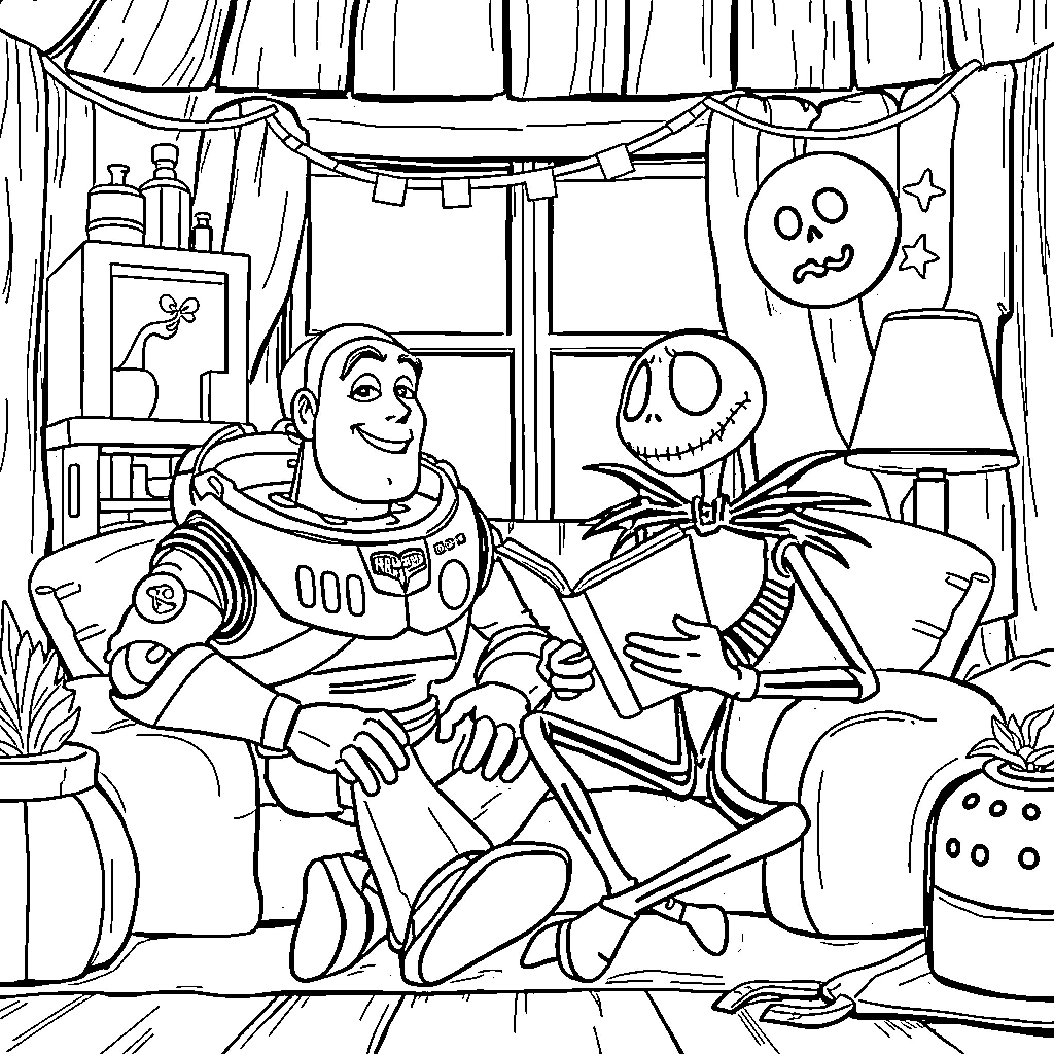 Buzz Lightyear and Jack Skellington's Unexpected Encounter Coloring Page (free black-and-white line drawing printable PDF for all, from beginners to advanced learners, including children, teens, adults, and seniors)