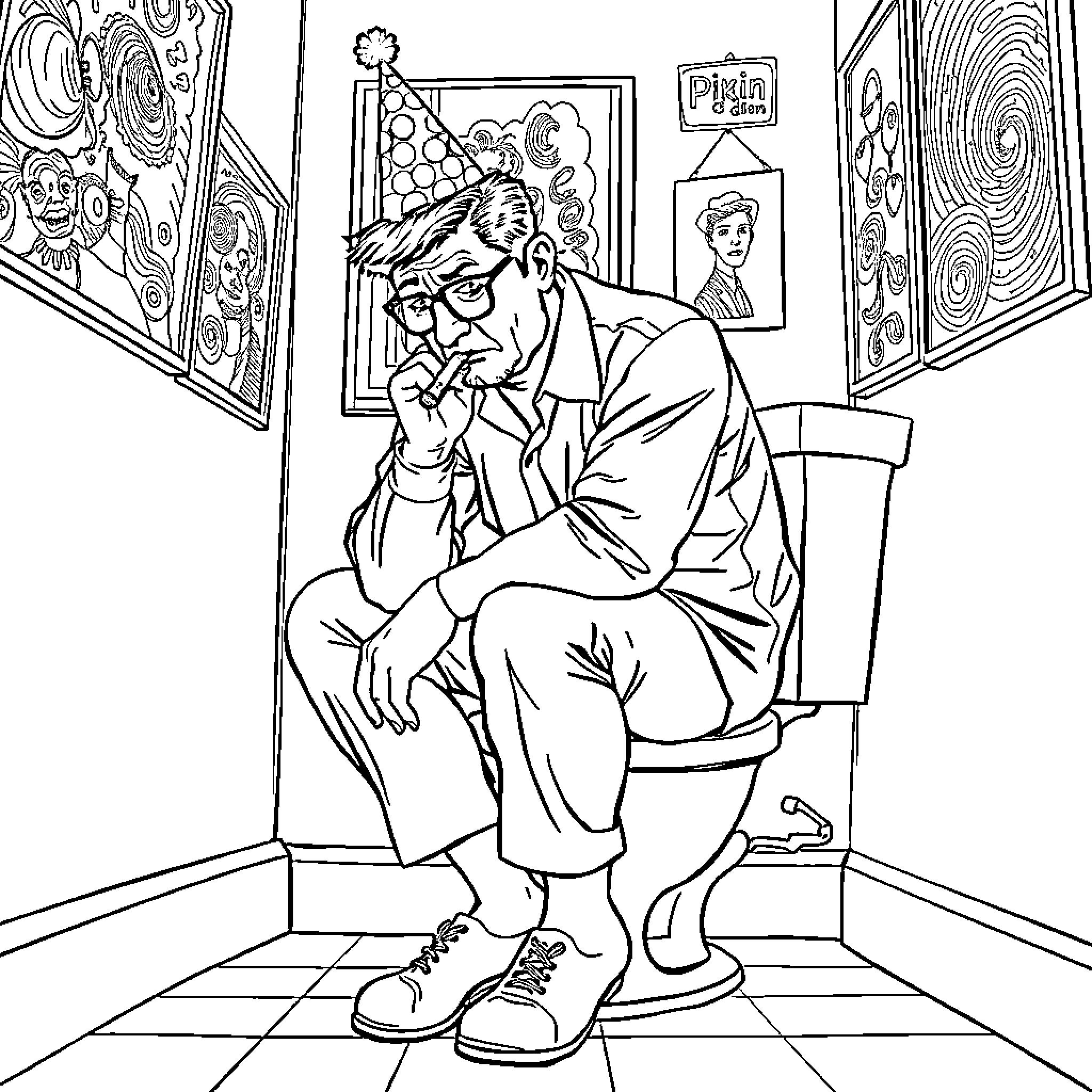Man sitting thoughtfully in an art gallery Coloring Page (free black-and-white line drawing printable PDF for all, from beginners to advanced learners, including children, teens, adults, and seniors)