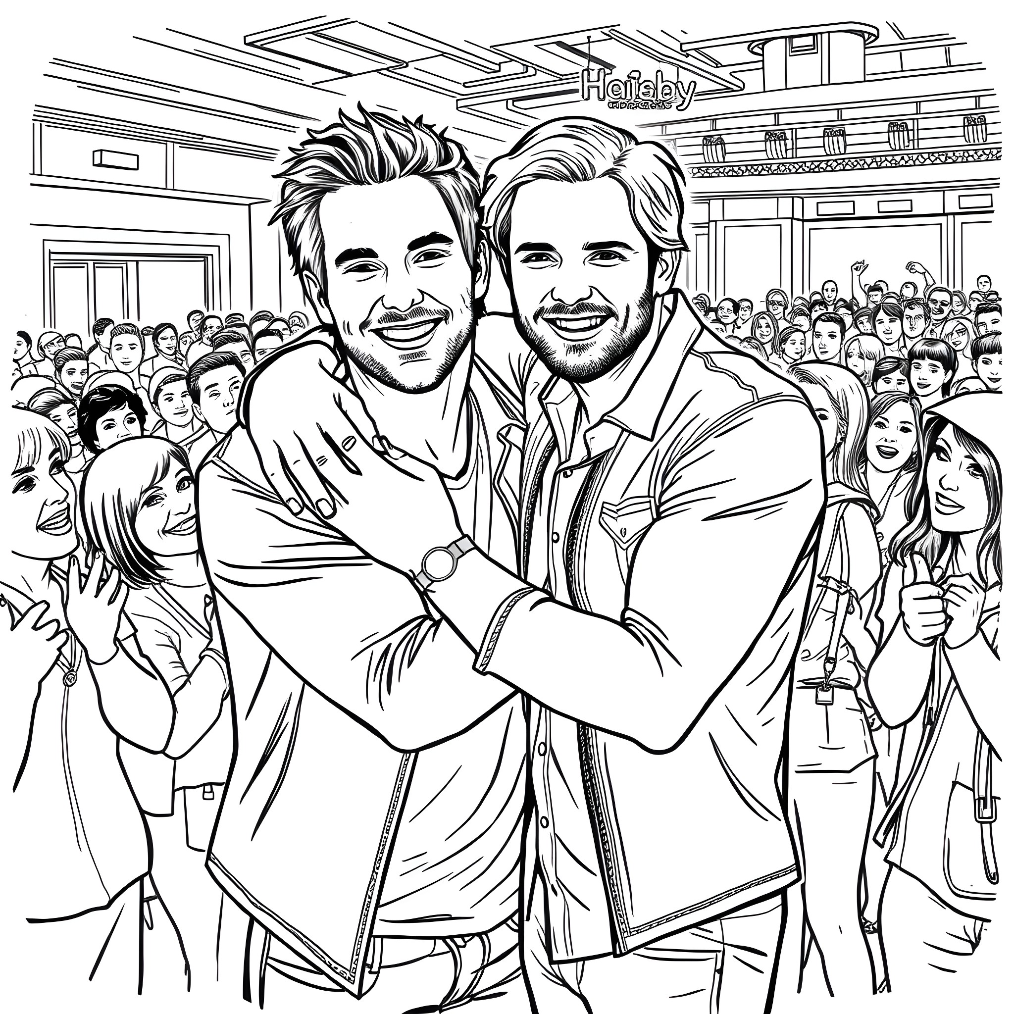 Jensen Ackles enjoying a friendly moment with co-star Coloring Page (free black-and-white line drawing printable PDF for all, from beginners to advanced learners, including children, teens, adults, and seniors)