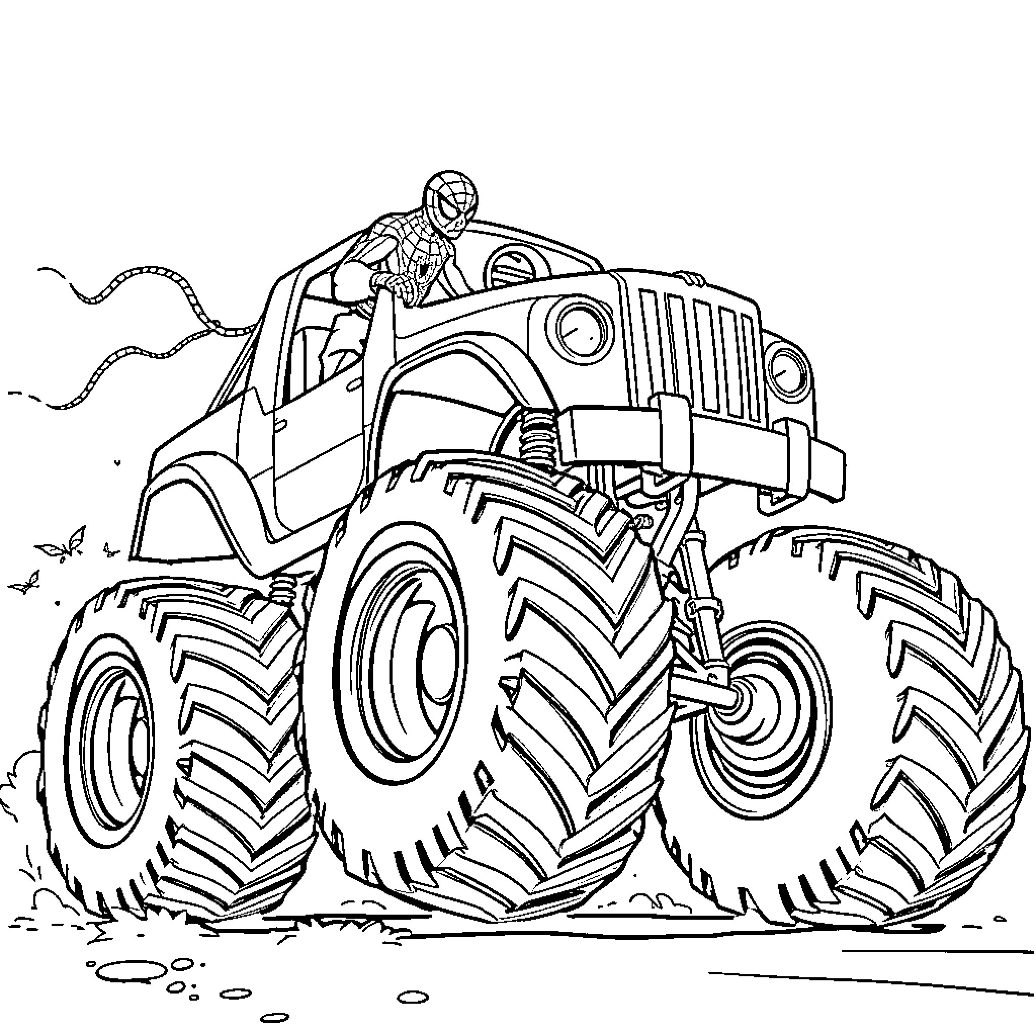 Spiderman driving a monster truck across rough terrain Coloring Page (free black-and-white line drawing printable PDF for all, from beginners to advanced learners, including children, teens, adults, and seniors)