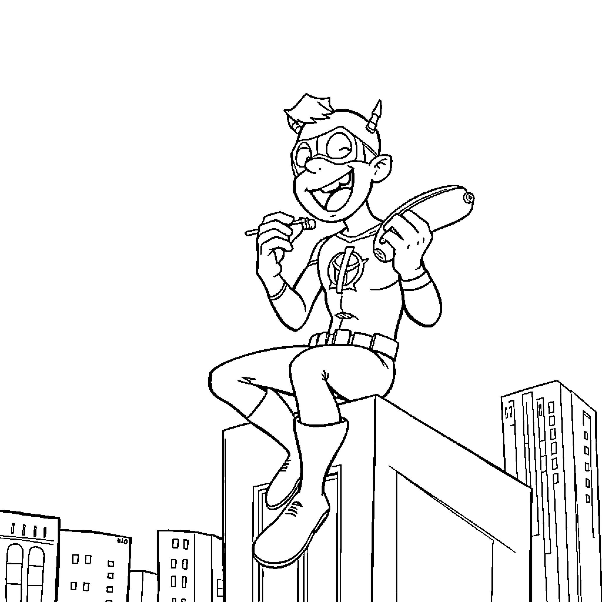 Daredevil jumps atop skyscrapers with glee Coloring Page (free black-and-white line drawing printable PDF for all, from beginners to advanced learners, including children, teens, adults, and seniors)