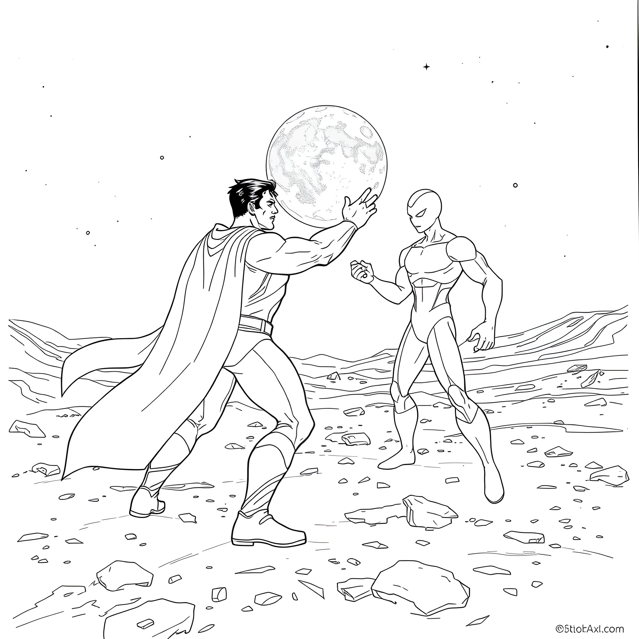 Superman facing off against alien in the moonlight Coloring Page (free black-and-white line drawing printable PDF for all, from beginners to advanced learners, including children, teens, adults, and seniors)