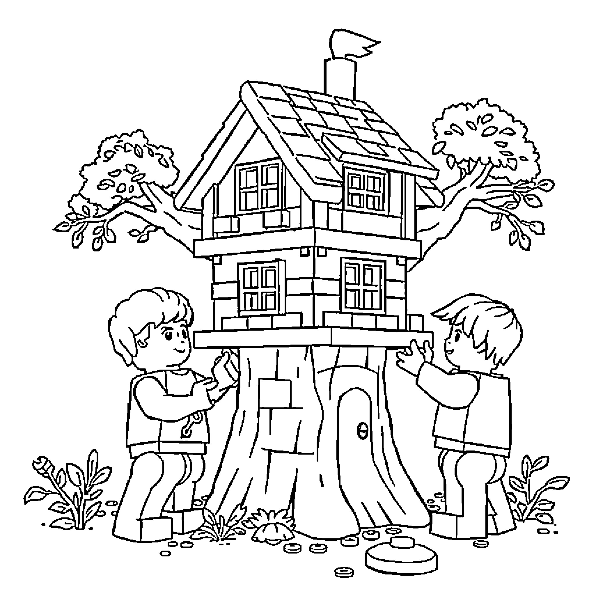 Lego kids building a treehouse in the woods Coloring Page (free black-and-white line drawing printable PDF for all, from beginners to advanced learners, including children, teens, adults, and seniors)