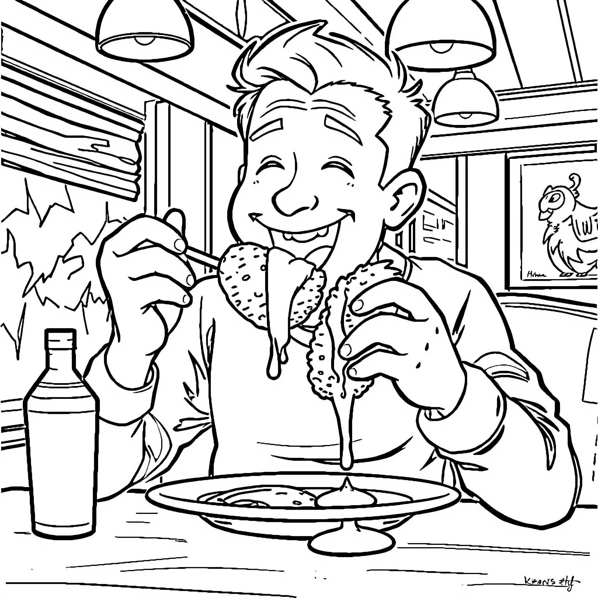Steve enjoying a delicious meal at the diner Coloring Page (free black-and-white line drawing printable PDF for all, from beginners to advanced learners, including children, teens, adults, and seniors)