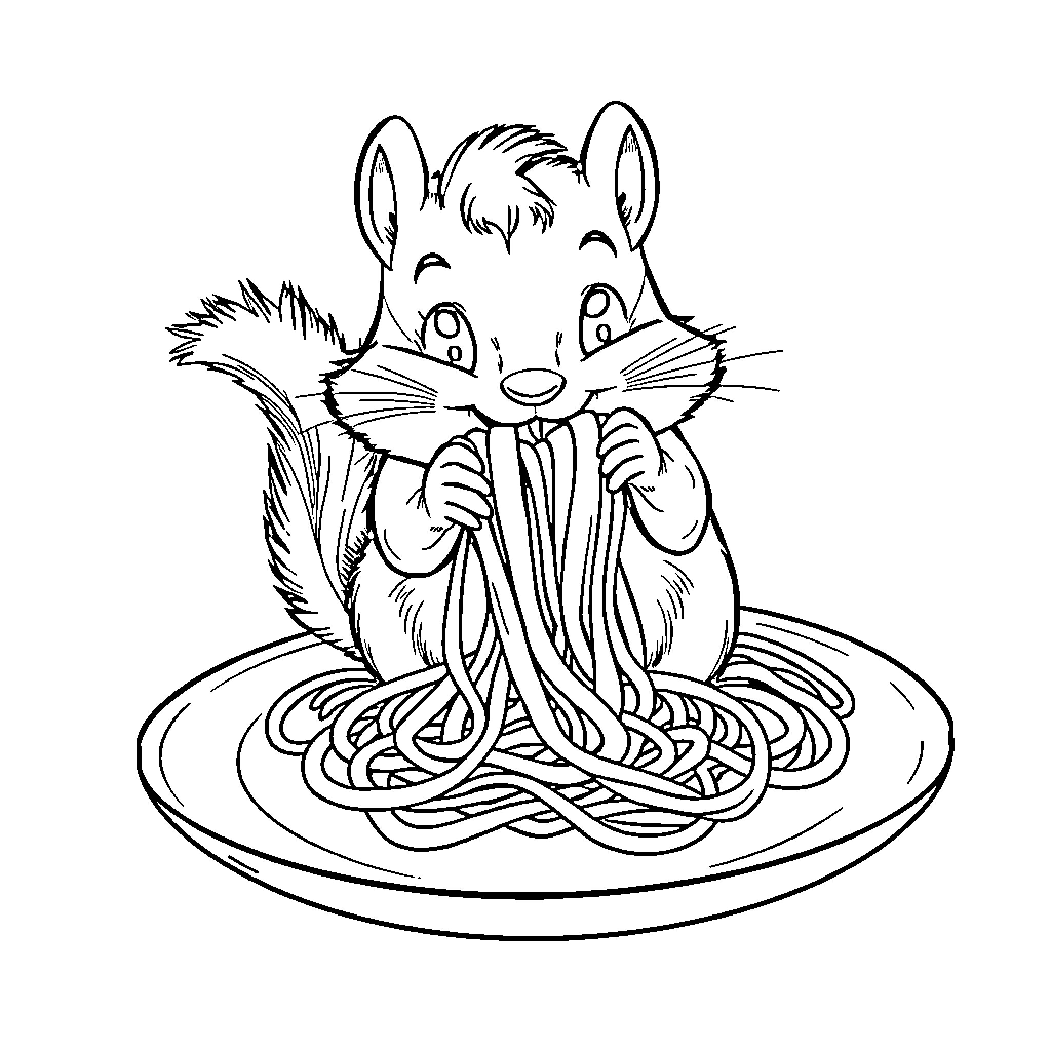 Chipmunk enjoying a plate of spaghetti Coloring Page (free black-and-white line drawing printable PDF for all, from beginners to advanced learners, including children, teens, adults, and seniors)
