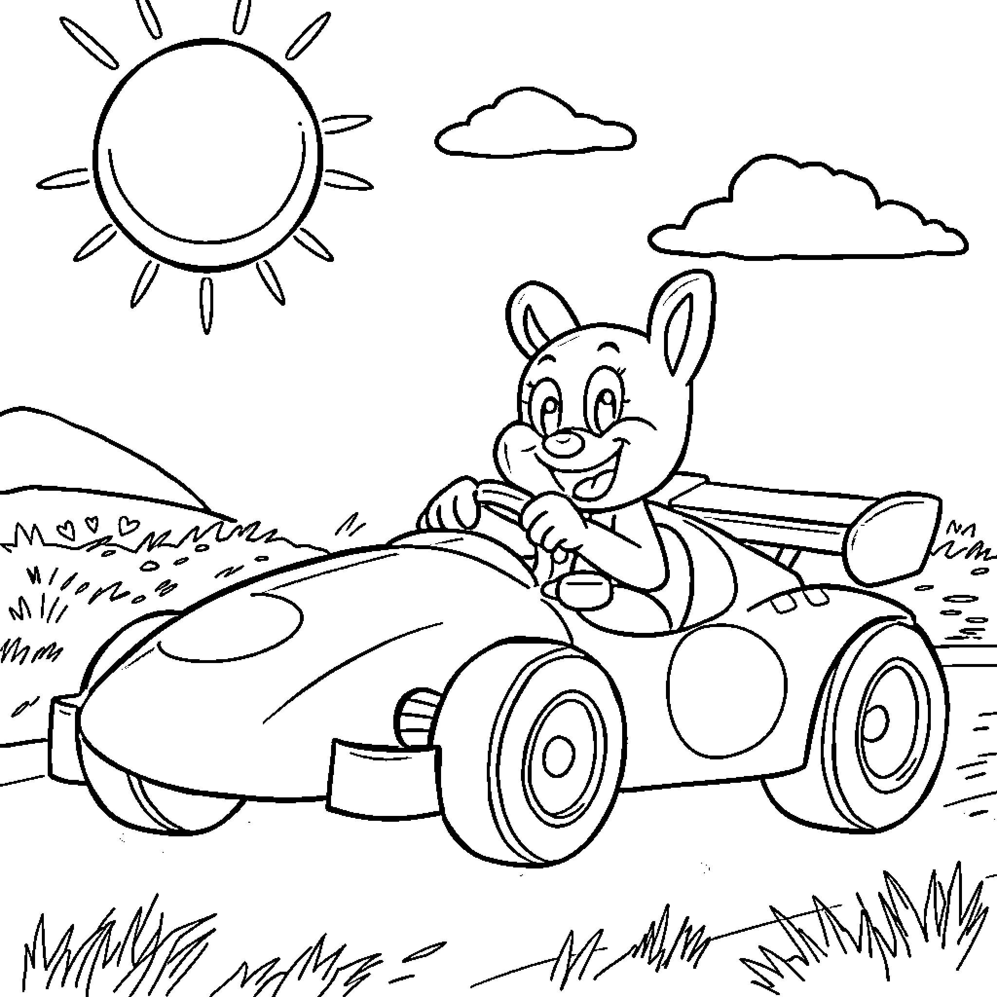 Bluey driving a car through the countryside Coloring Page (free black-and-white line drawing printable PDF for all, from beginners to advanced learners, including children, teens, adults, and seniors)