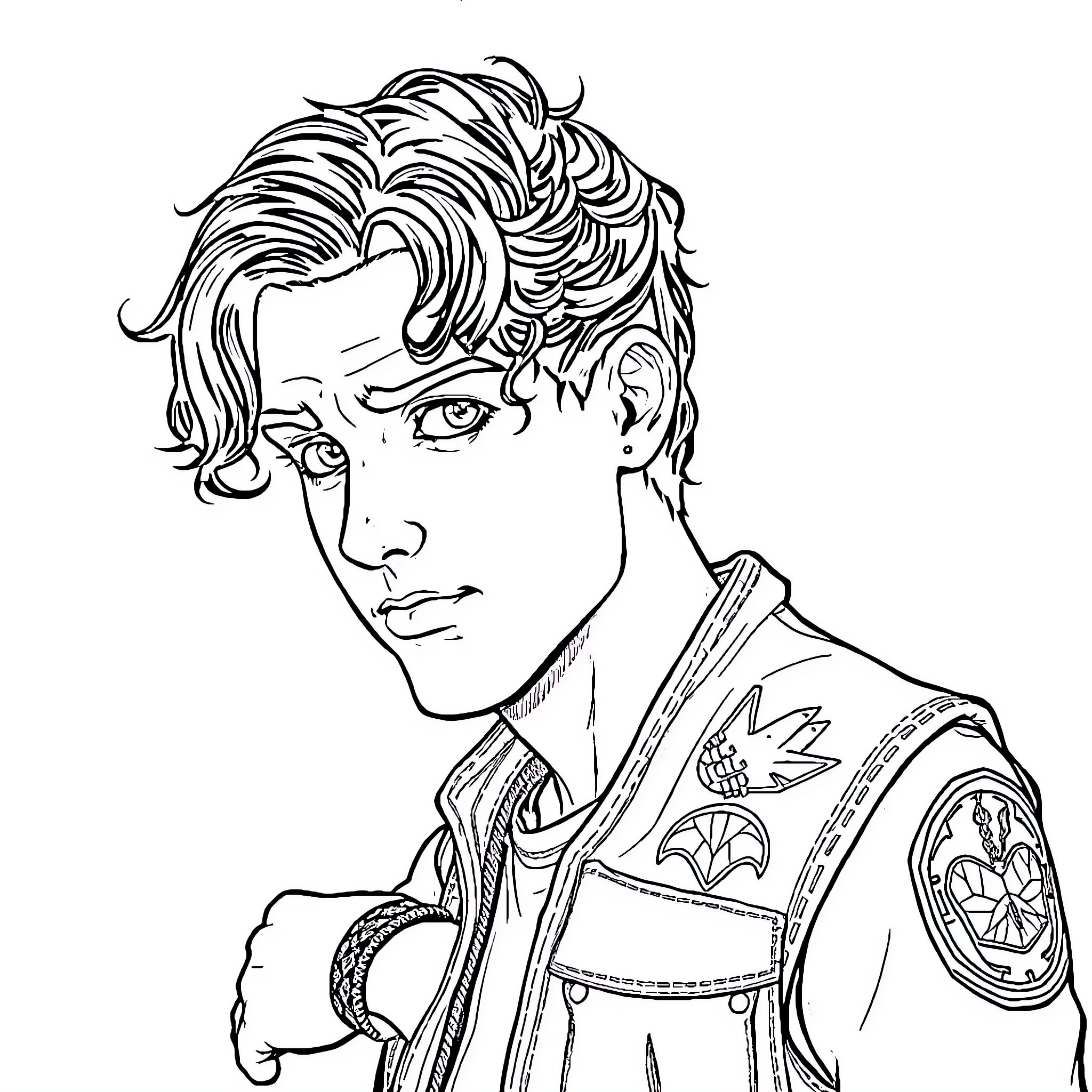 Man with Expressive Facial Features in Uniform Coloring Page (free black-and-white line drawing printable PDF for all, from beginners to advanced learners, including children, teens, adults, and seniors)