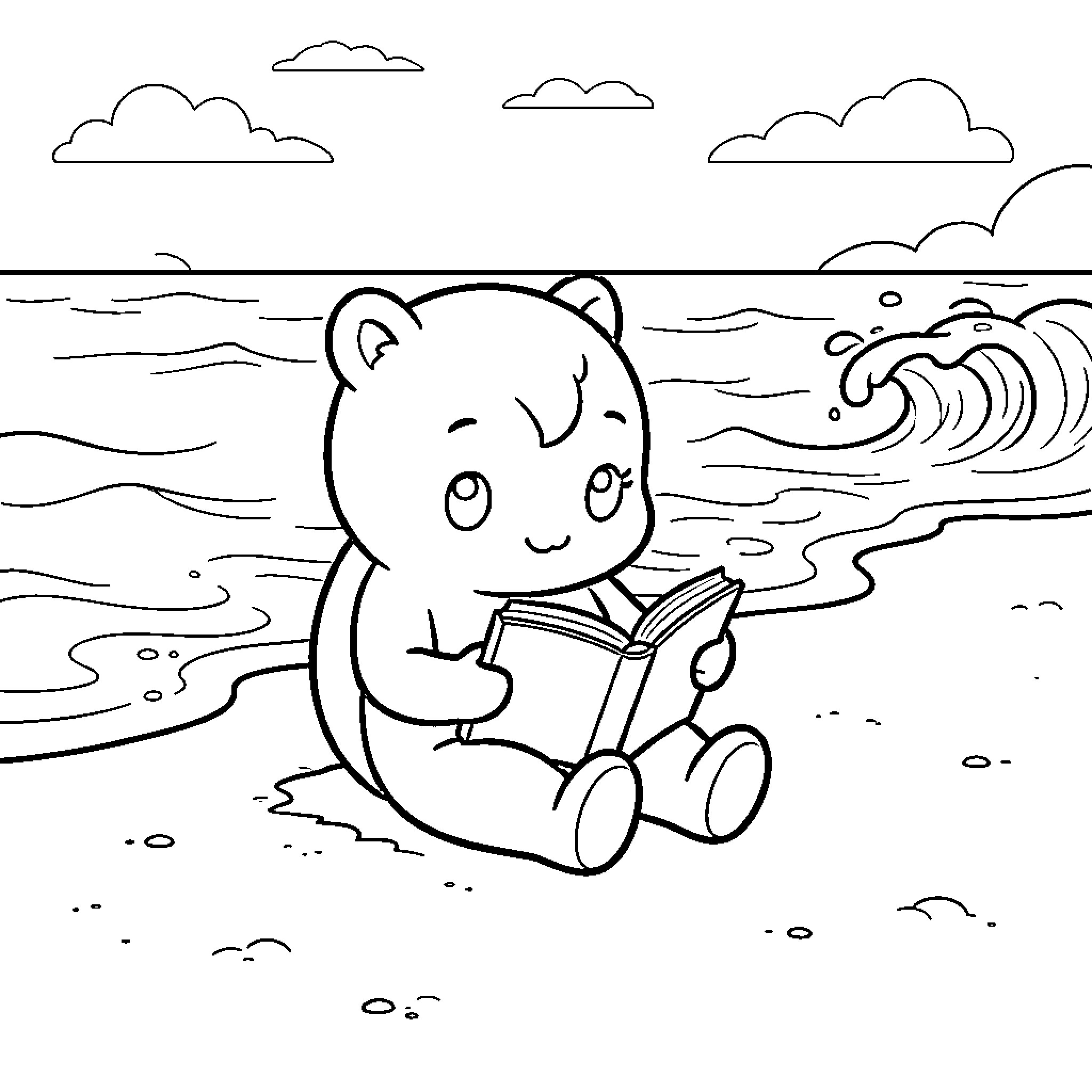 Tchoupi sitting on the beach reading a book Coloring Page (free black-and-white line drawing printable PDF for all, from beginners to advanced learners, including children, teens, adults, and seniors)