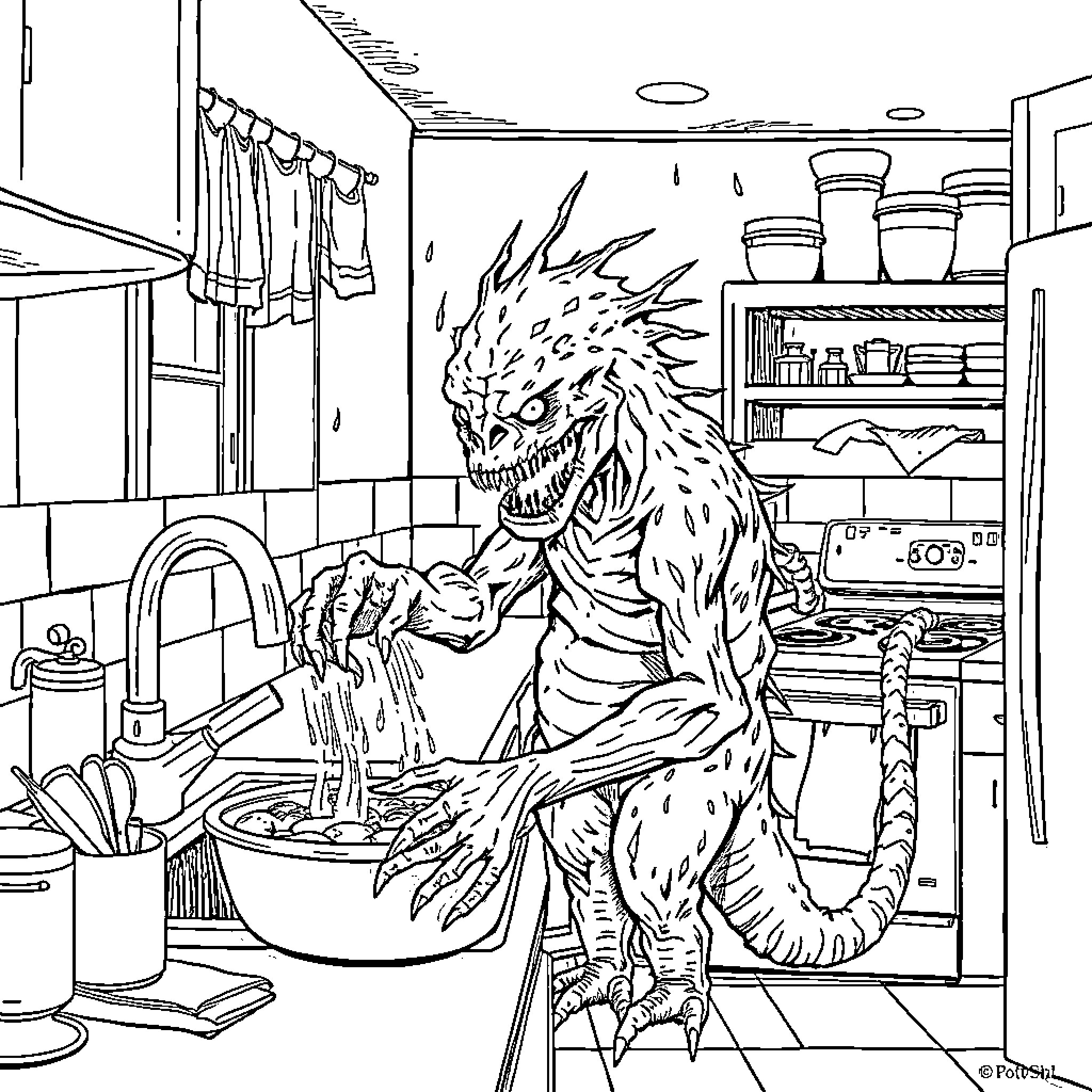 Monster Cooking Furiously in a Messy Kitchen Coloring Page (free black-and-white line drawing printable PDF for all, from beginners to advanced learners, including children, teens, adults, and seniors)