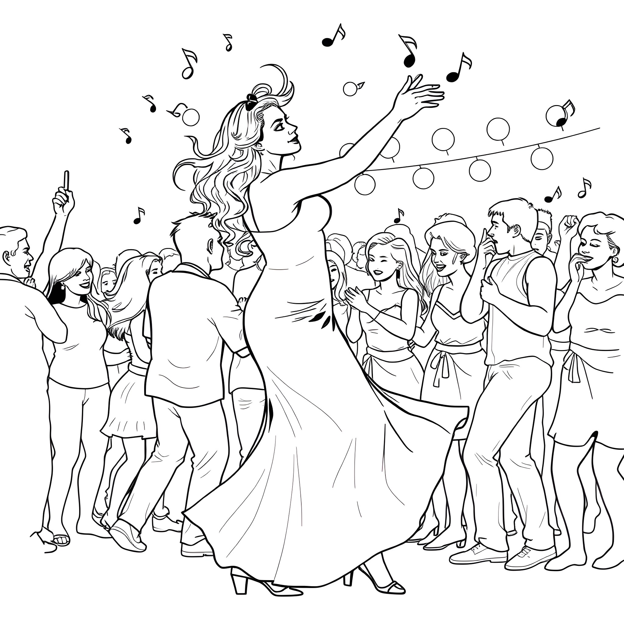 Woman performing joyfully on stage with dancers Coloring Page (free black-and-white line drawing printable PDF for all, from beginners to advanced learners, including children, teens, adults, and seniors)