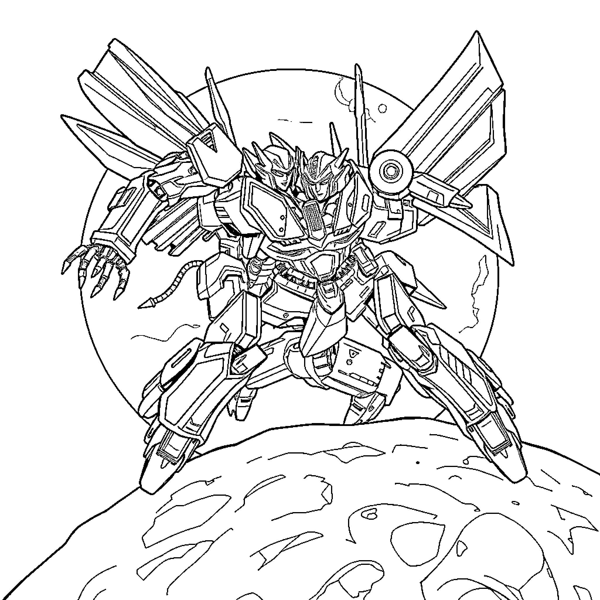 Bakugan robot in heroic battle pose Coloring Page (free black-and-white line drawing printable PDF for all, from beginners to advanced learners, including children, teens, adults, and seniors)