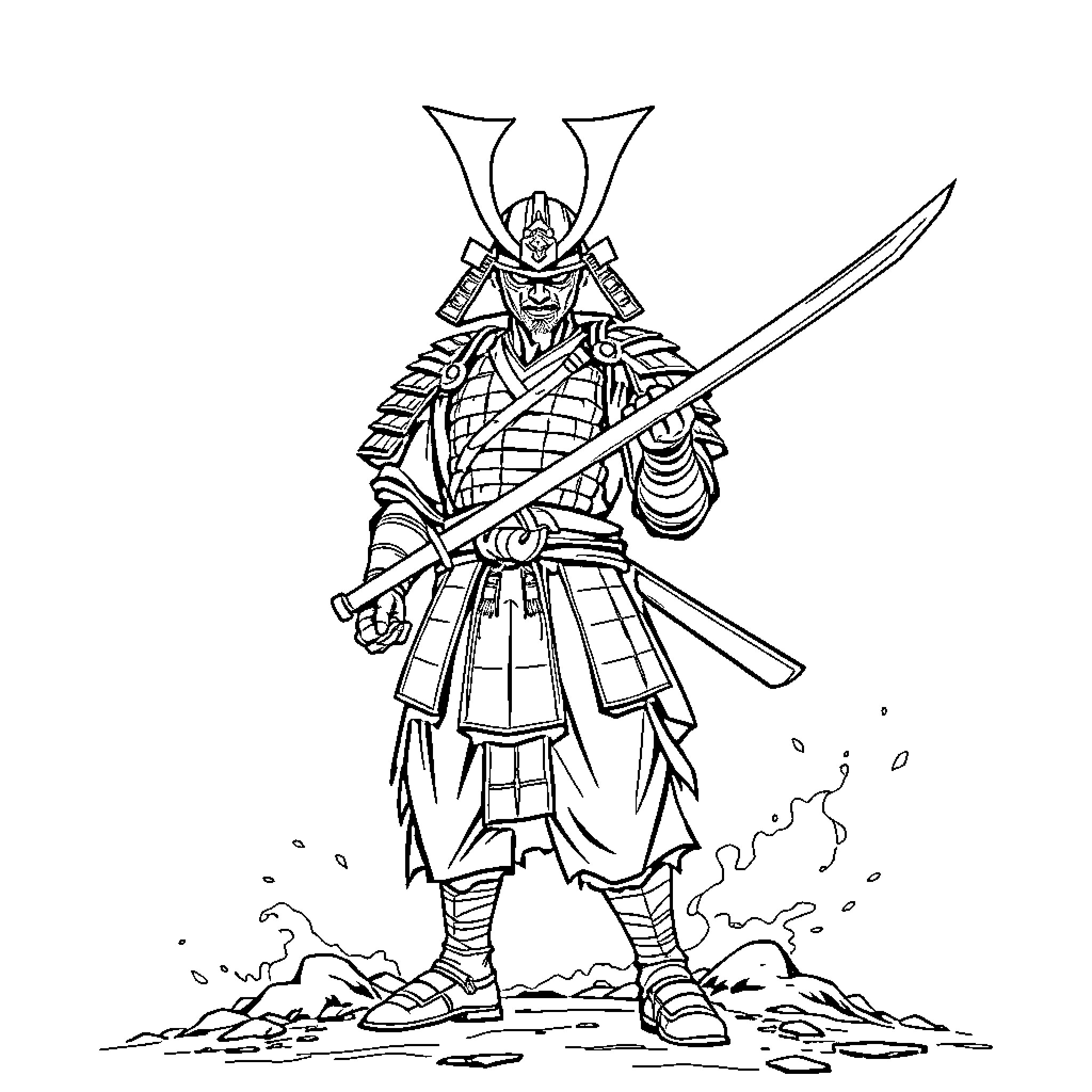 Samurai Warrior Wielding Sword in Battle Coloring Page (free black-and-white line drawing printable PDF for all, from beginners to advanced learners, including children, teens, adults, and seniors)