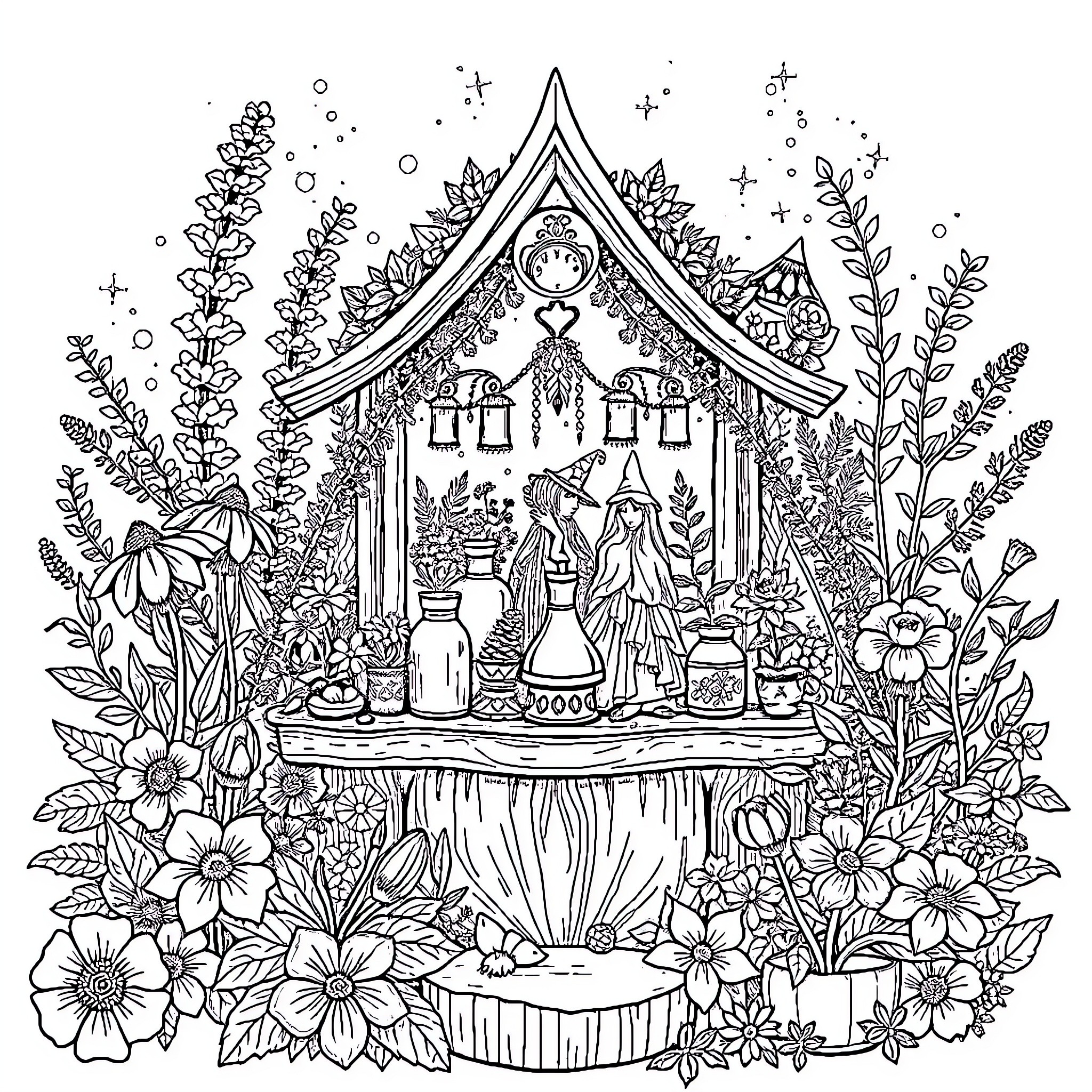 Witch's Enchanted Cottage in Floral Garden Coloring Page (free black-and-white line drawing printable PDF for all, from beginners to advanced learners, including children, teens, adults, and seniors)