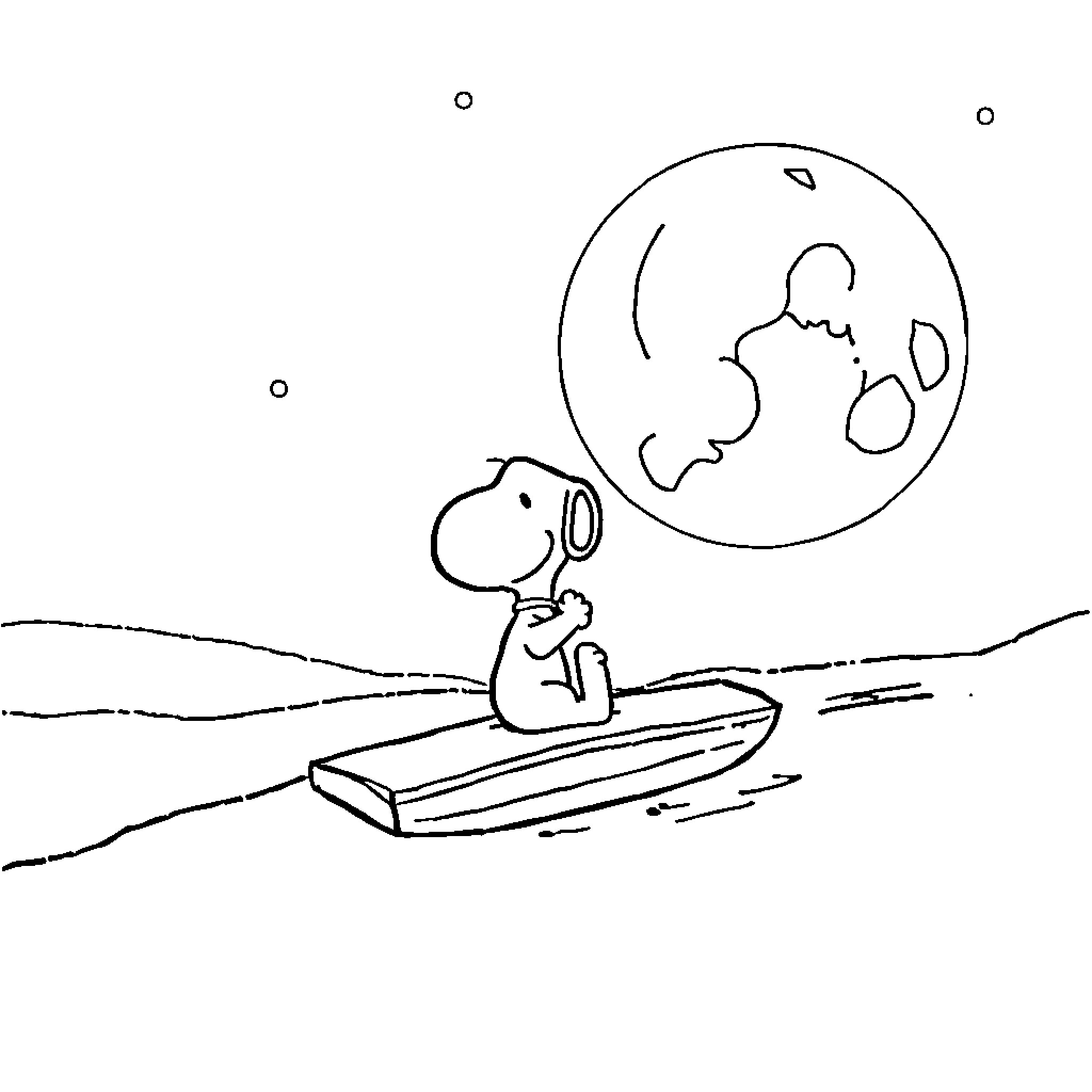 Snoopy gazing at the moon from a boat Coloring Page (free black-and-white line drawing printable PDF for all, from beginners to advanced learners, including children, teens, adults, and seniors)