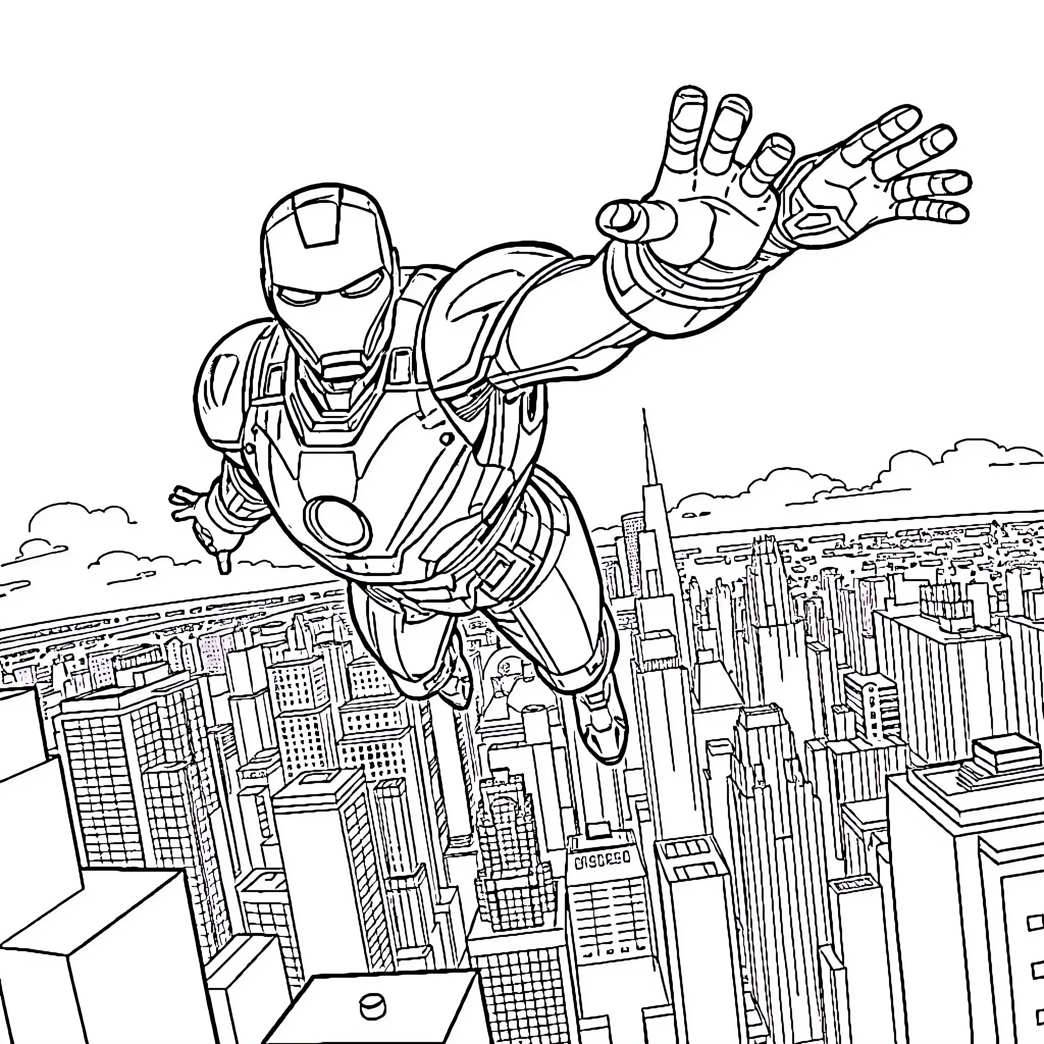 Iron Man soaring over the city skyline Coloring Page (free black-and-white line drawing printable PDF for all, from beginners to advanced learners, including children, teens, adults, and seniors)
