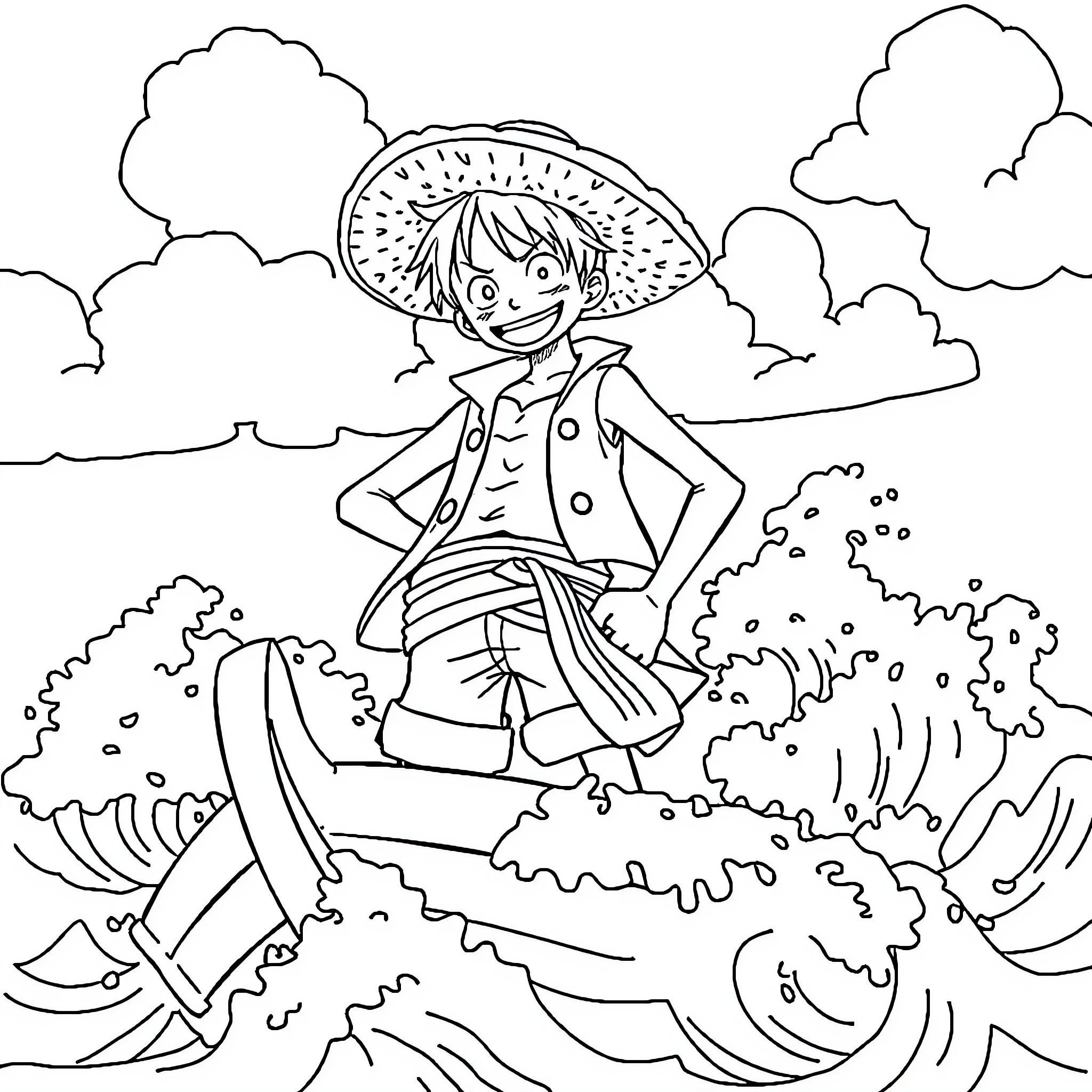 Monkey D Luffy on a thrilling adventure Coloring Page (free black-and-white line drawing printable PDF for all, from beginners to advanced learners, including children, teens, adults, and seniors)