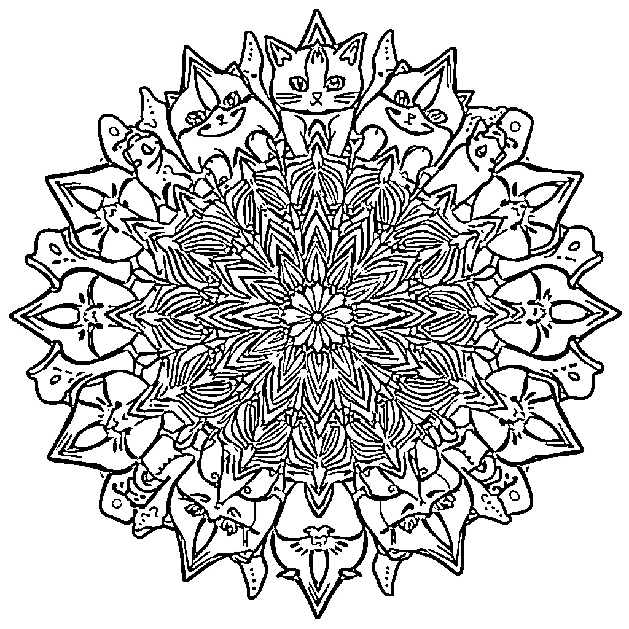 Mandala of intricate floral and geometric patterns Coloring Page (free black-and-white line drawing printable PDF for all, from beginners to advanced learners, including children, teens, adults, and seniors)
