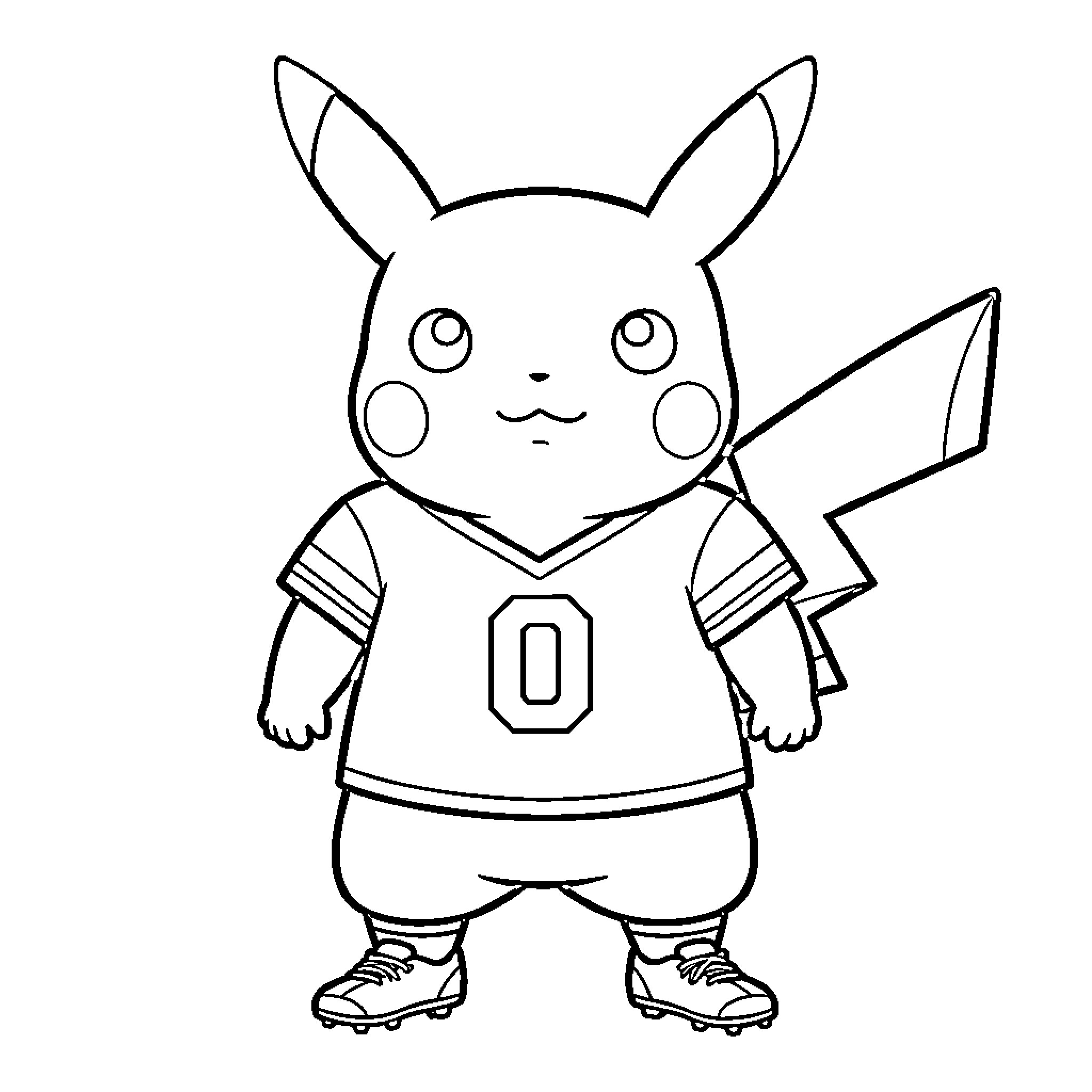 Pikachu wearing a sports jersey and athletic shoes Coloring Page (free black-and-white line drawing printable PDF for all, from beginners to advanced learners, including children, teens, adults, and seniors)