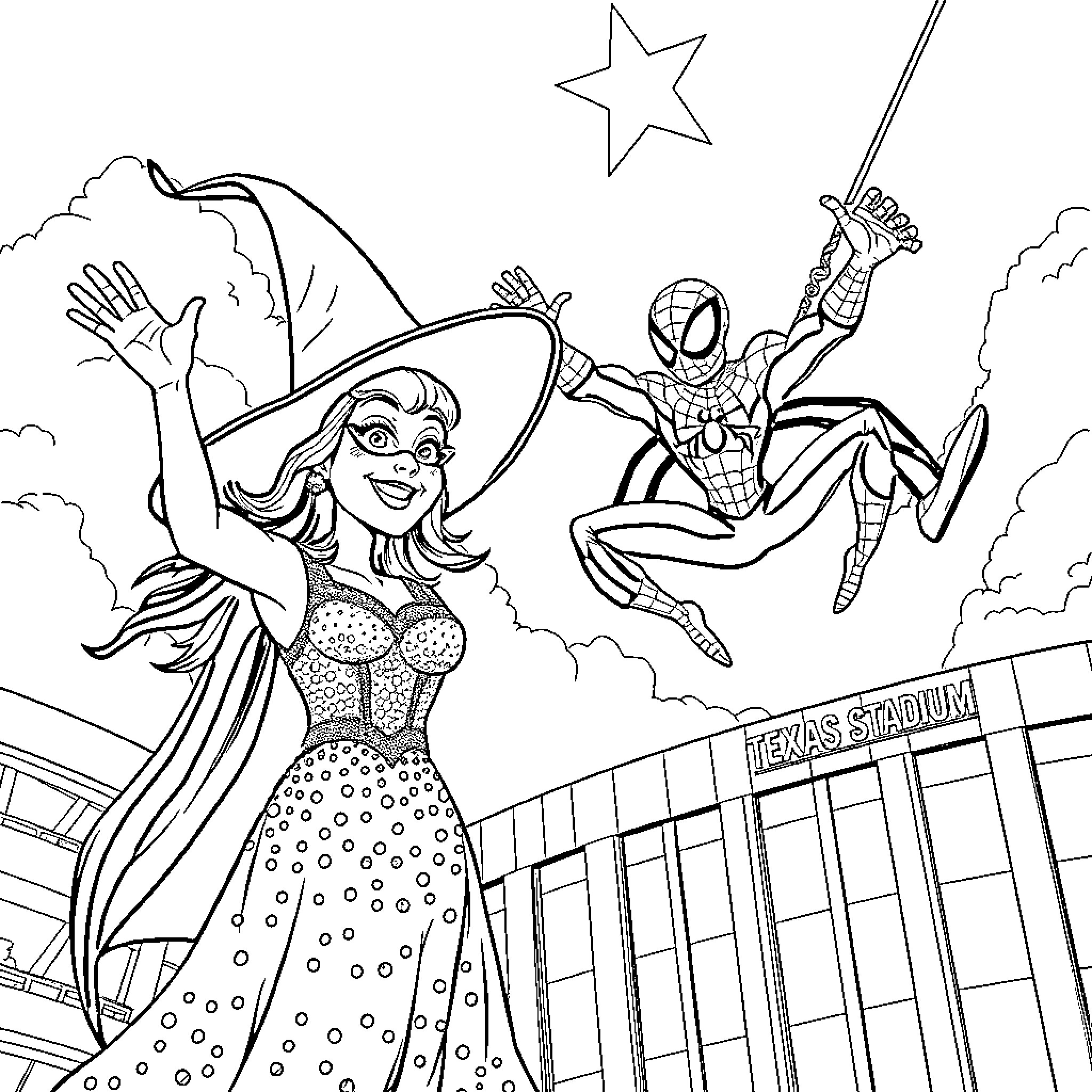 Glenda the Witch and Spiderman in Action Coloring Page (free black-and-white line drawing printable PDF for all, from beginners to advanced learners, including children, teens, adults, and seniors)