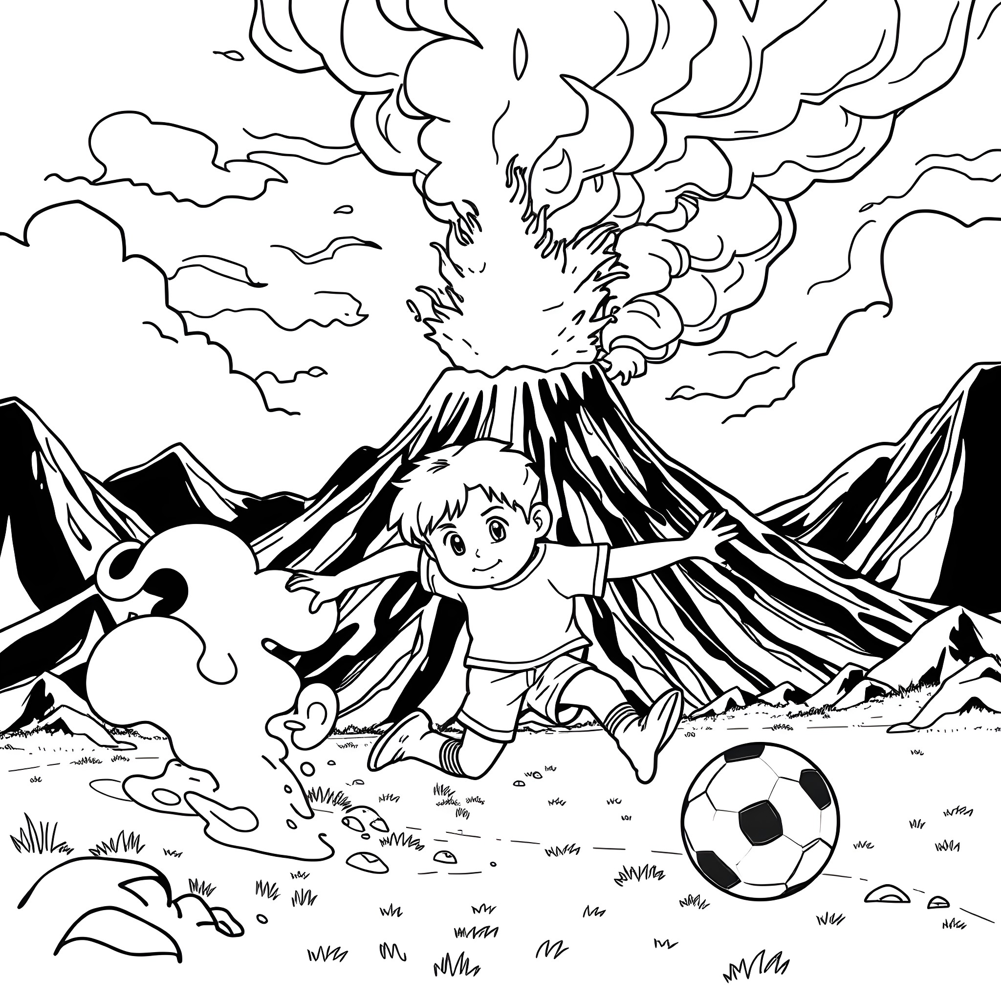 Cooper exploring a volcanic landscape with a soccer ball Coloring Page (free black-and-white line drawing printable PDF for all, from beginners to advanced learners, including children, teens, adults, and seniors)