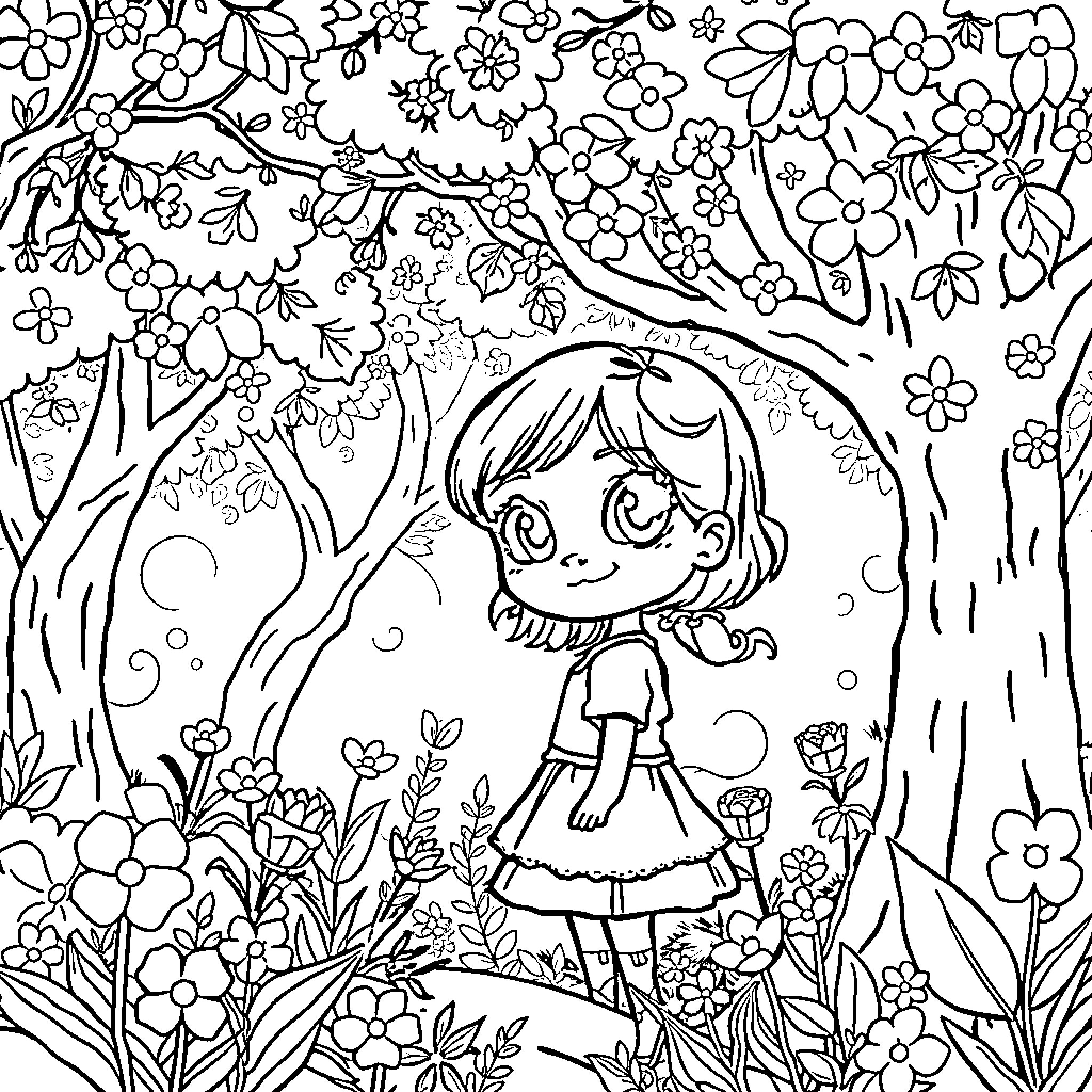 Girl in Floral Garden Coloring Page (free black-and-white line drawing printable PDF for all, from beginners to advanced learners, including children, teens, adults, and seniors)