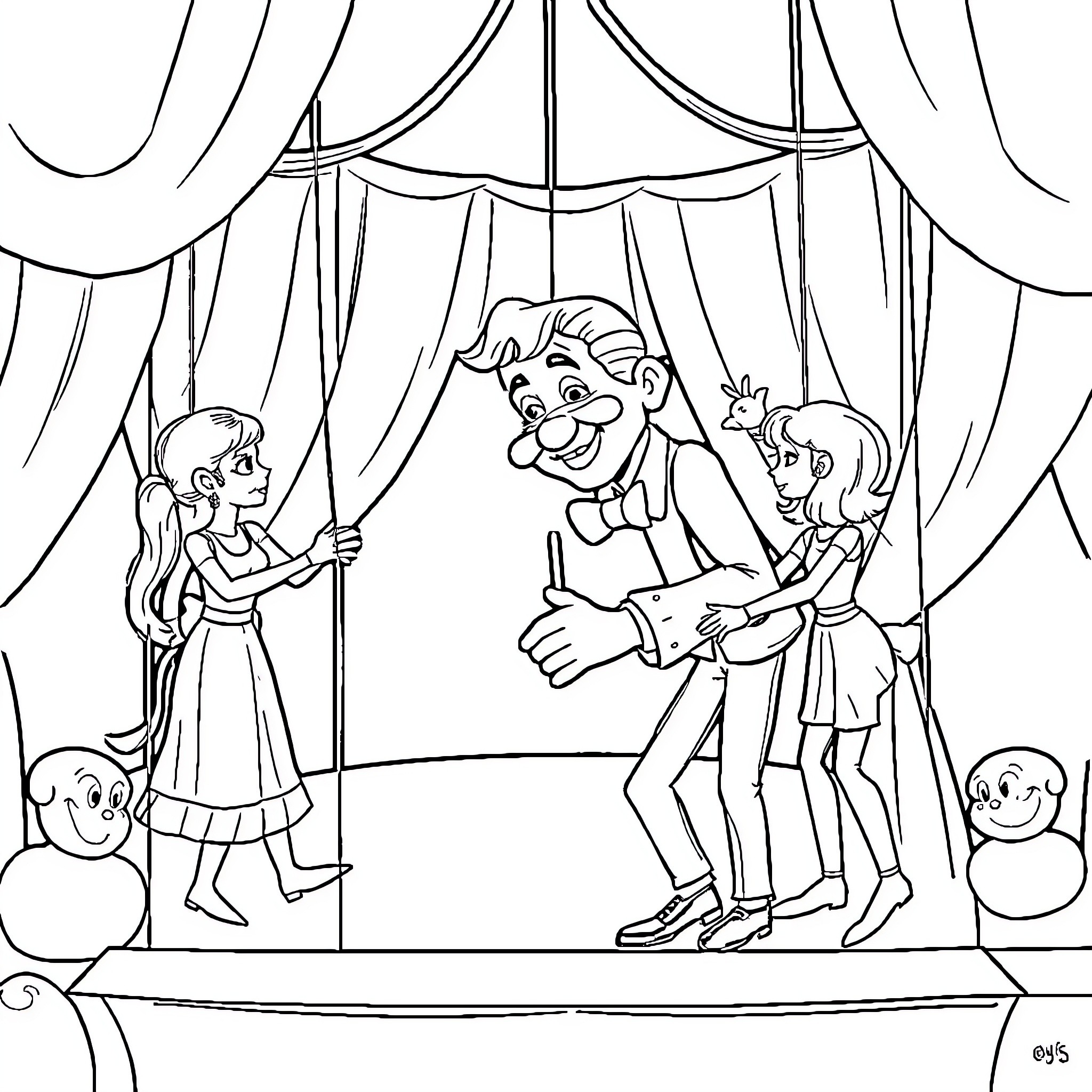 Pedro Sanchez performing on stage with two assistants Coloring Page (free black-and-white line drawing printable PDF for all, from beginners to advanced learners, including children, teens, adults, and seniors)
